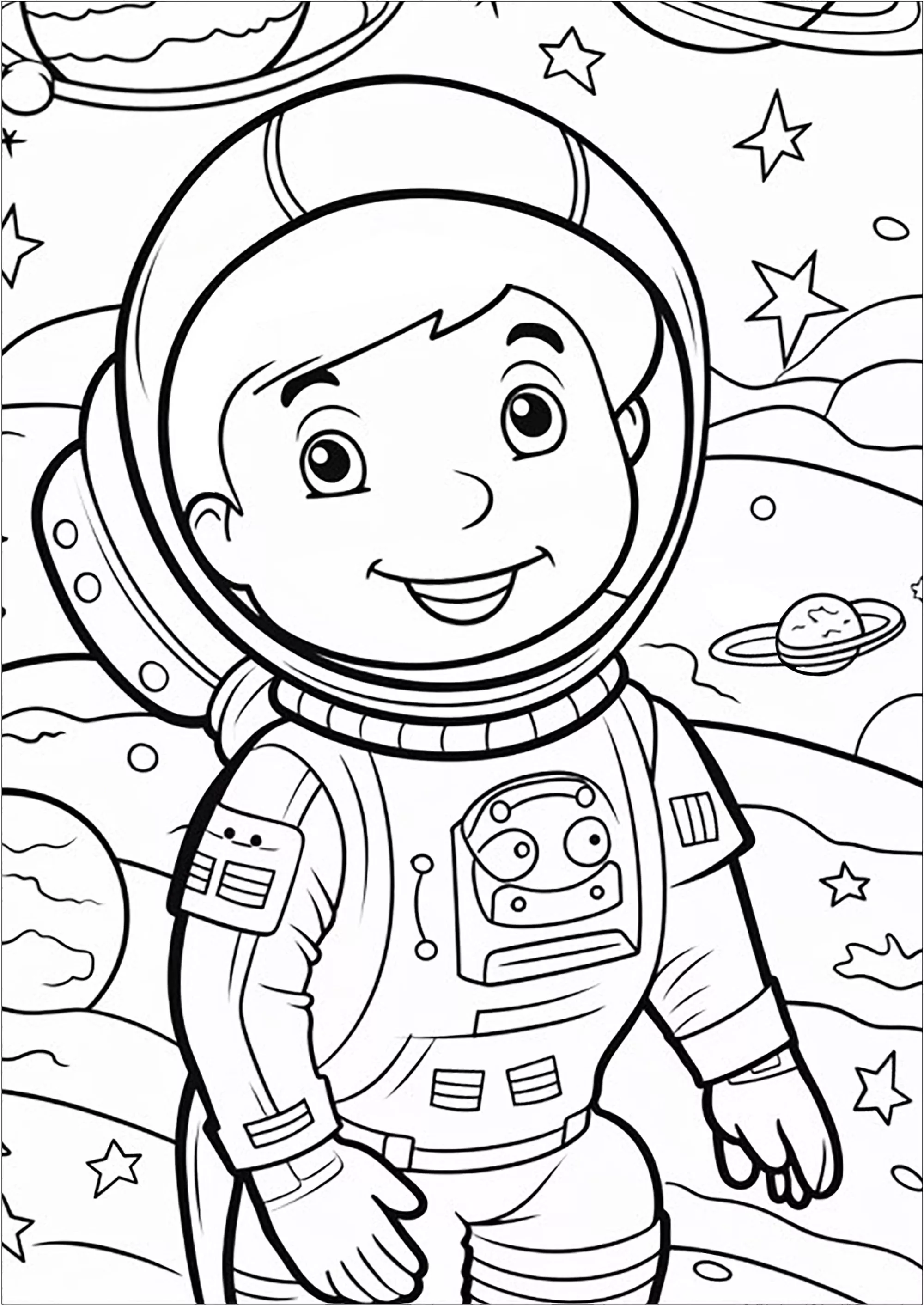 Piccolo astronauta nello spazio (Pagina Spazio Pianeti Galassie da Colorare per bambini)