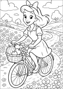 Una gioiosa passeggiata in bicicletta attraverso la campagna (Pagina Spring da Colorare)
