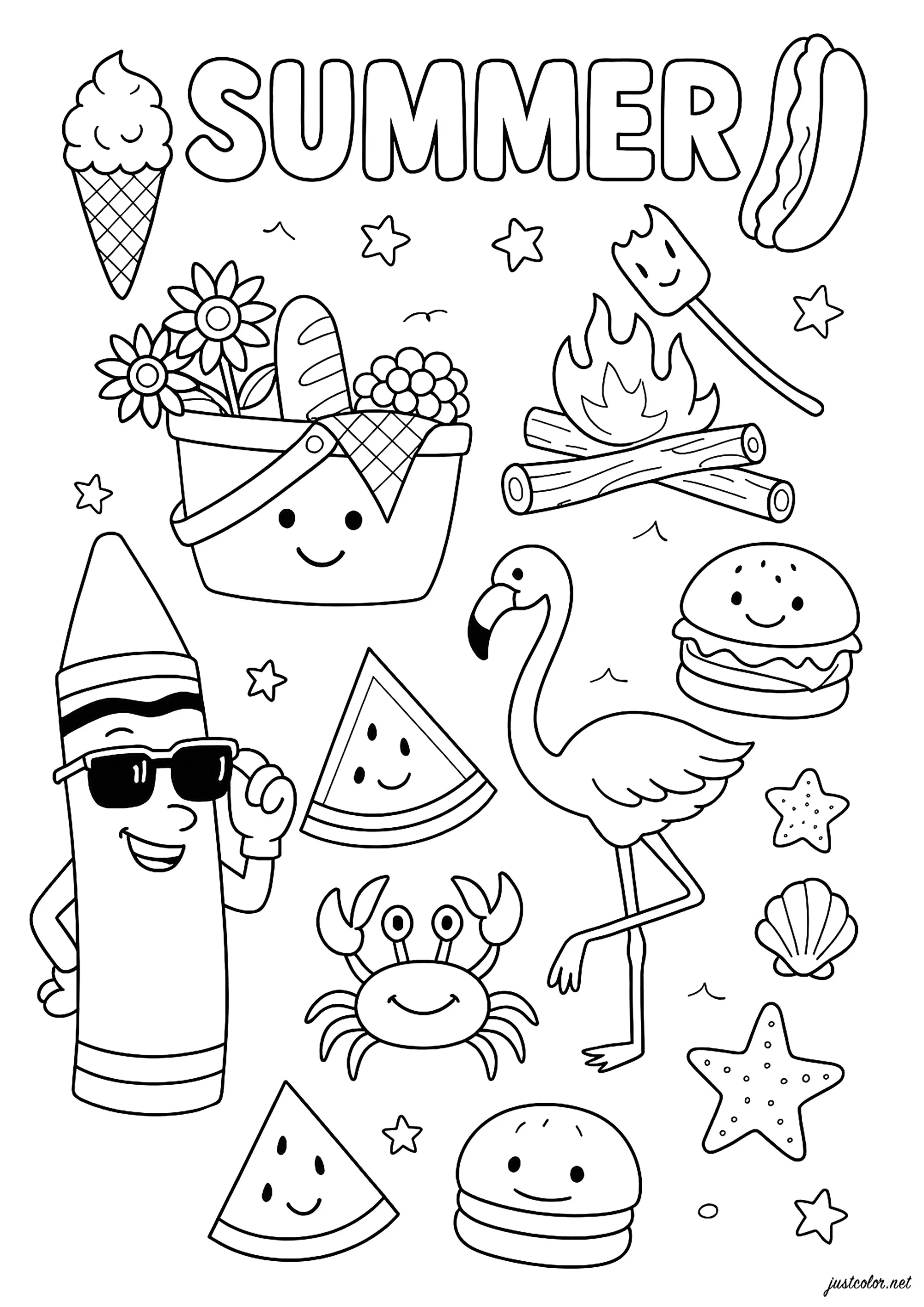Vari simboli dell'estate (Pagina Stato da Colorare per bambini)