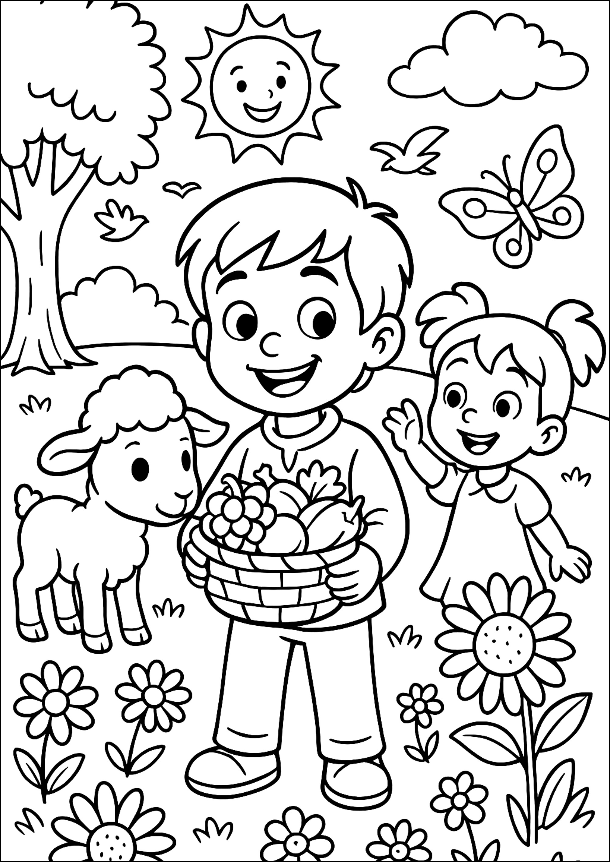 Raccolto di frutta in una bella giornata estiva (Pagina Stato da Colorare per bambini)