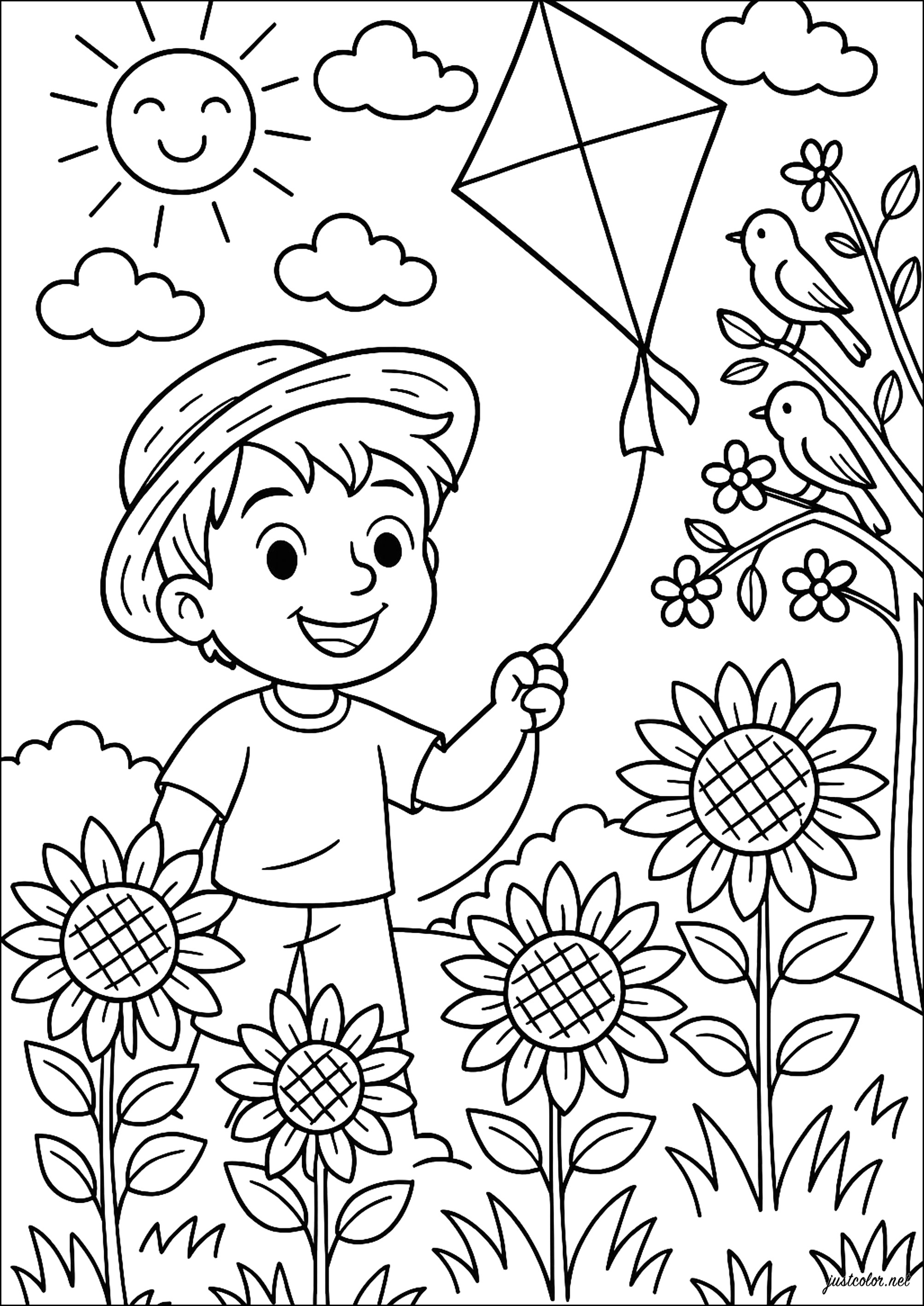 Divertimento con un aquilone (Pagina Stato da Colorare per bambini)