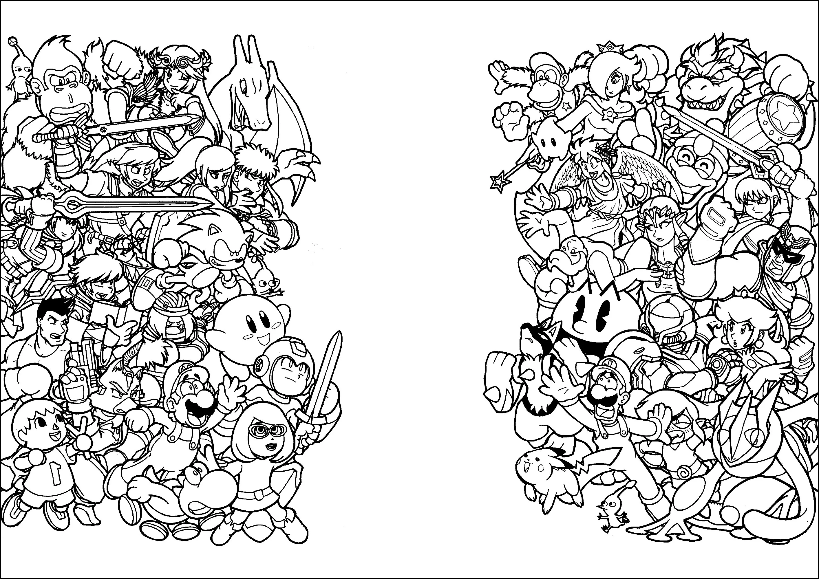 Numerosi eroi Nintendo sono pronti a sfidarsi. (Pagina Super Smash Bros da Colorare per bambini)