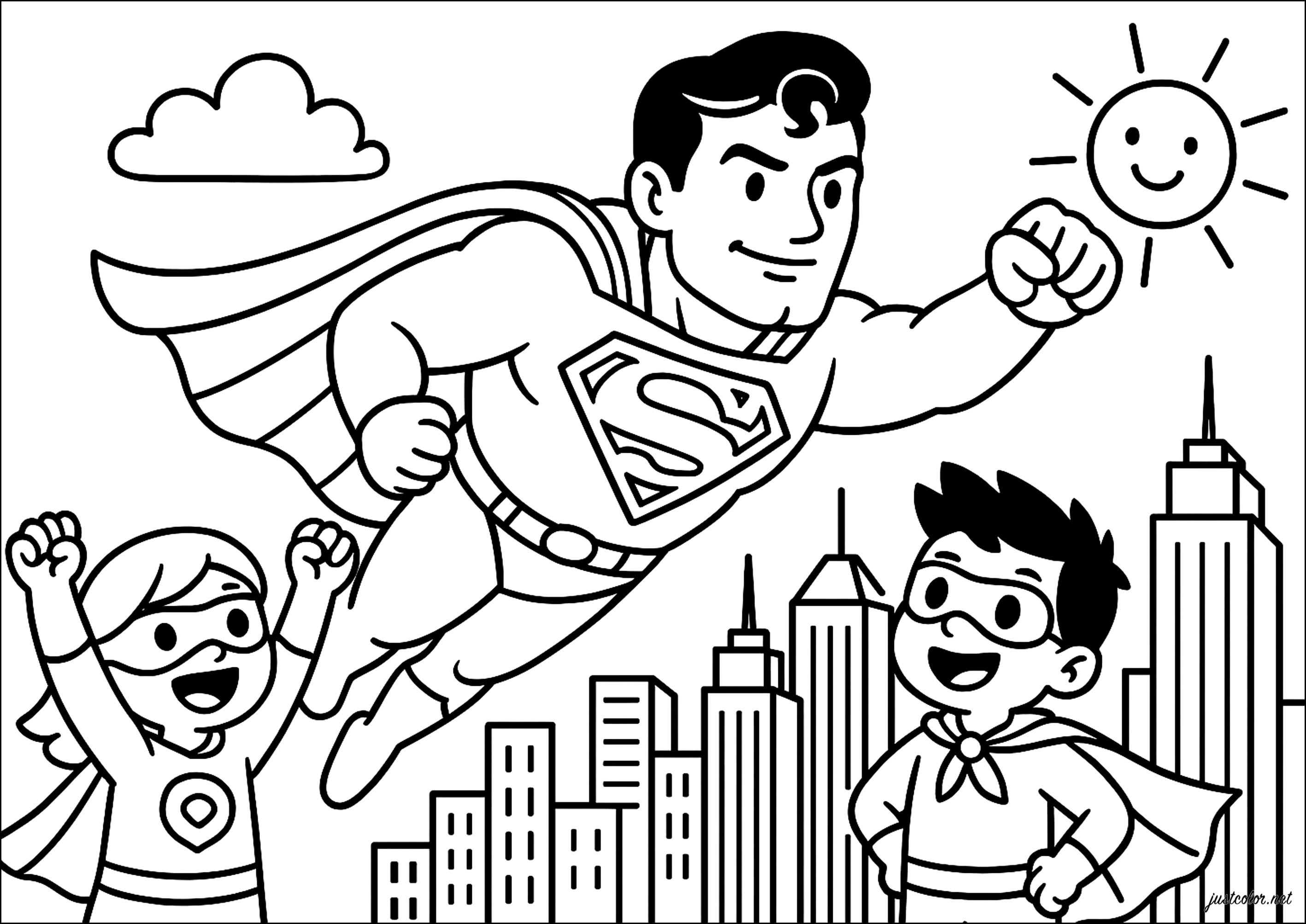 Bambini che ammirano il loro eroe (Pagina Superman da Colorare per bambini)