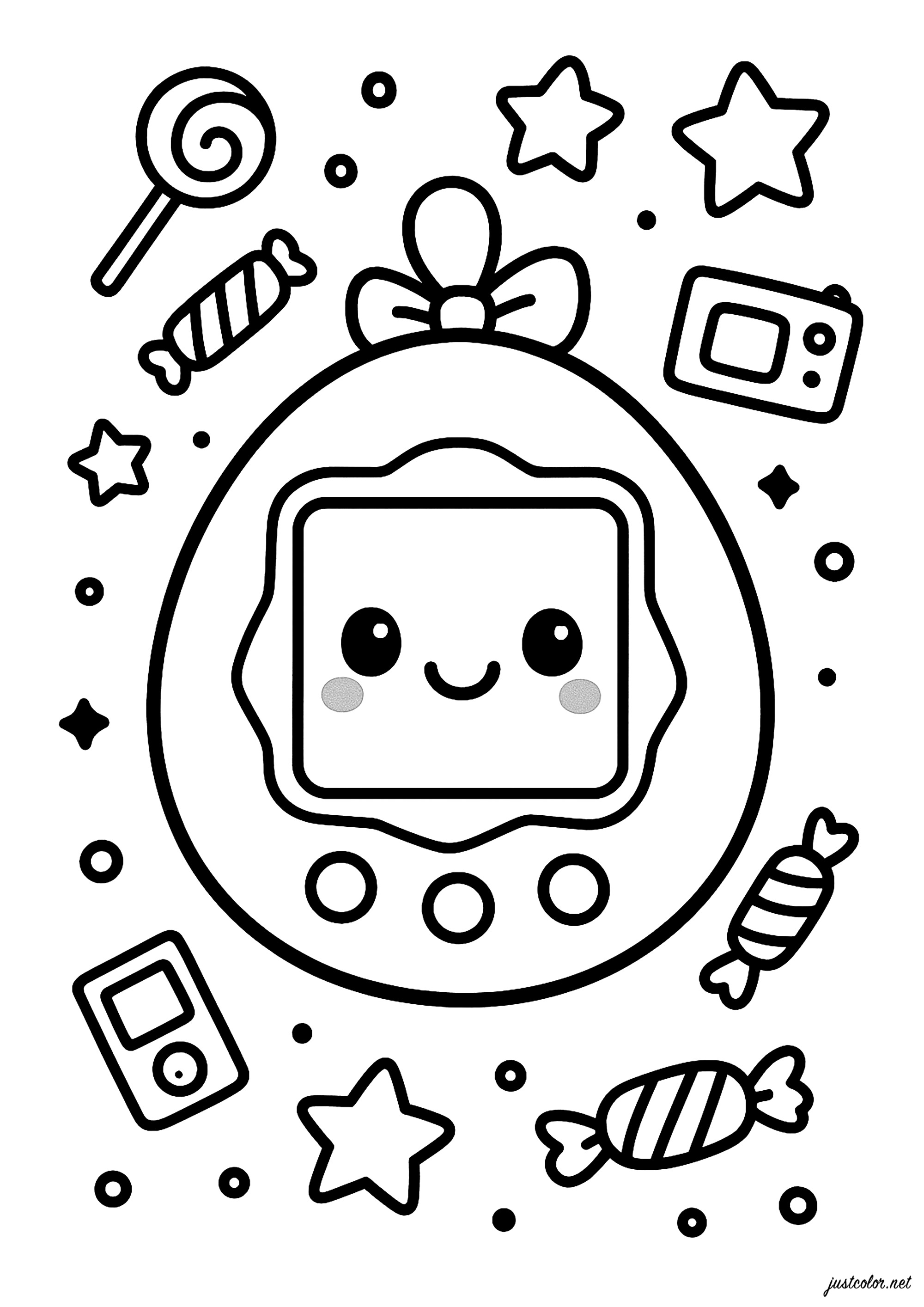 Piccoli Tamagotchi e oggetti divertenti (Pagina da Colorare per bambini)