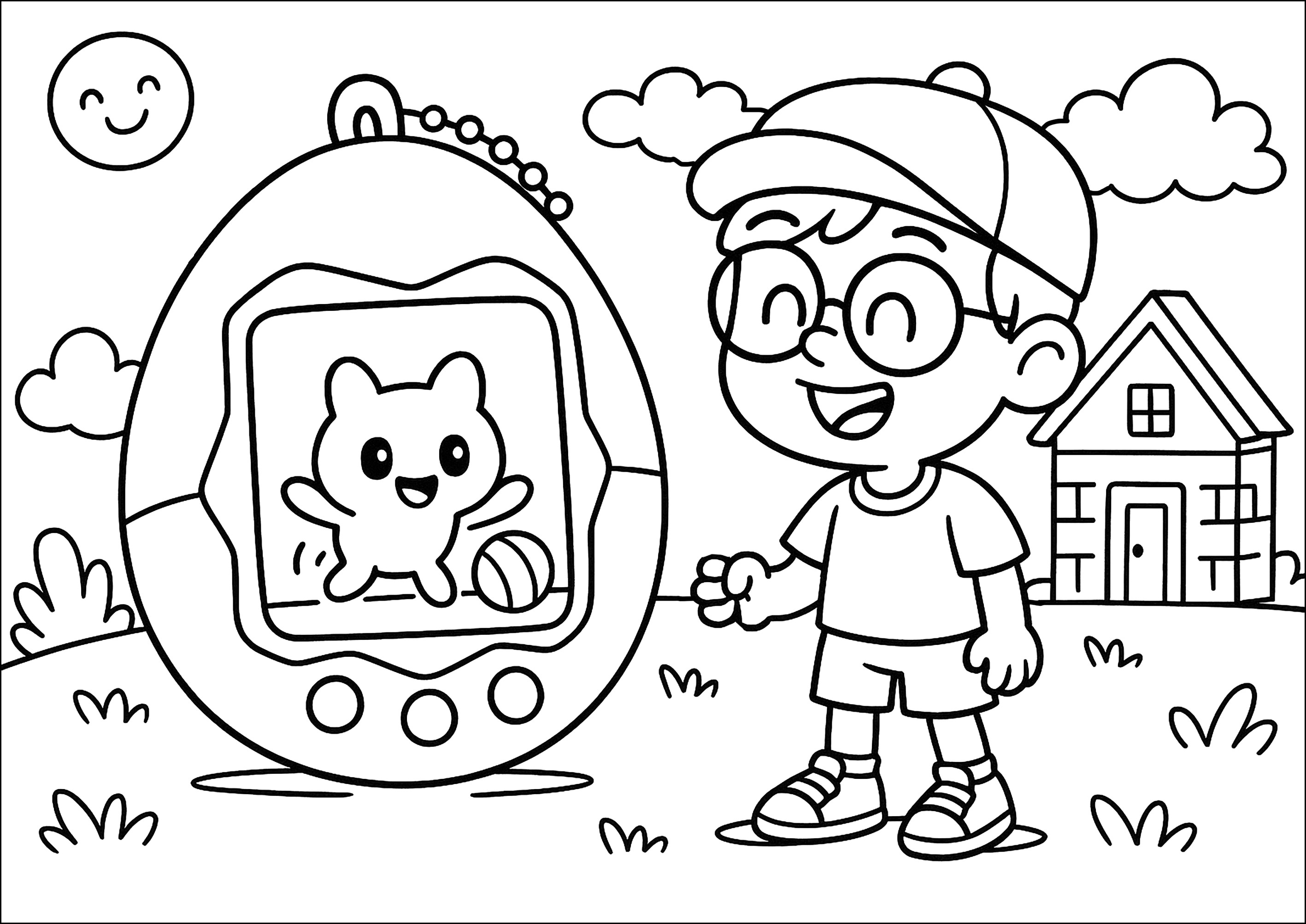 Un bambino e il suo grande Tamagotchi (Pagina da Colorare per bambini)
