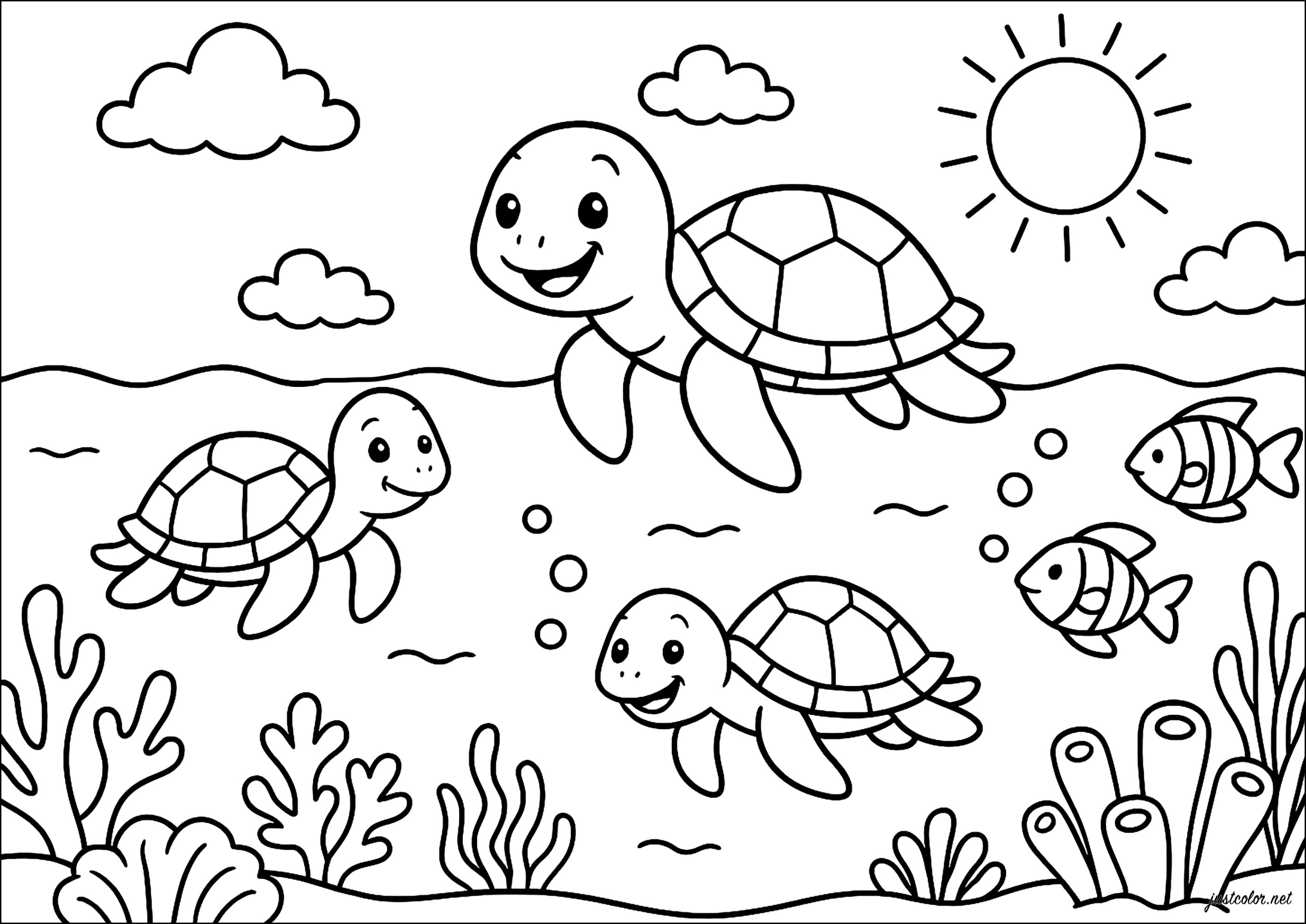 Avventura marina delle Tartarughe felici (Pagina da Colorare per bambini)