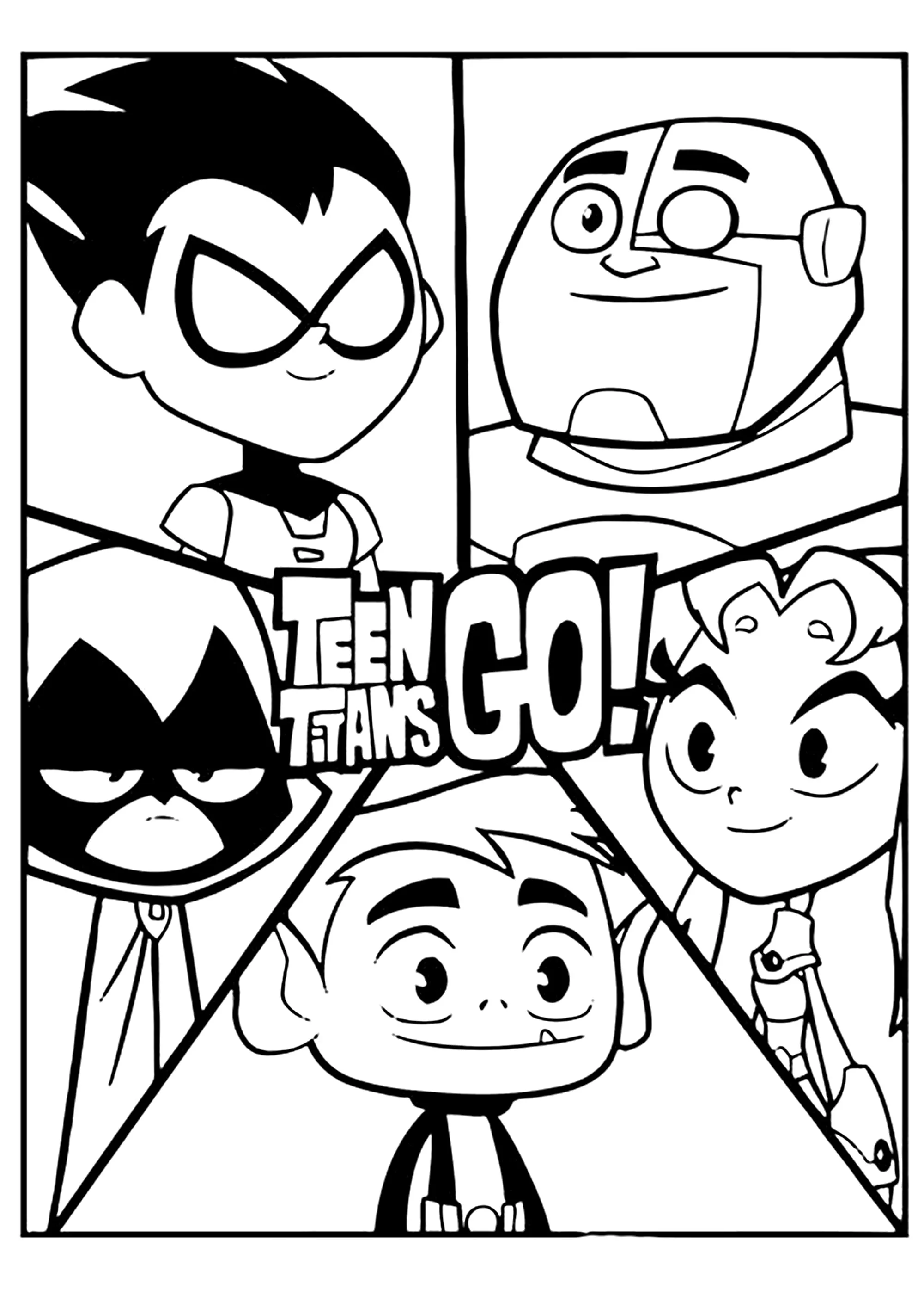 Teen Titans: disegno suddiviso in cinque parti, con un personaggio in ogni parte. (Pagina da Colorare per bambini)