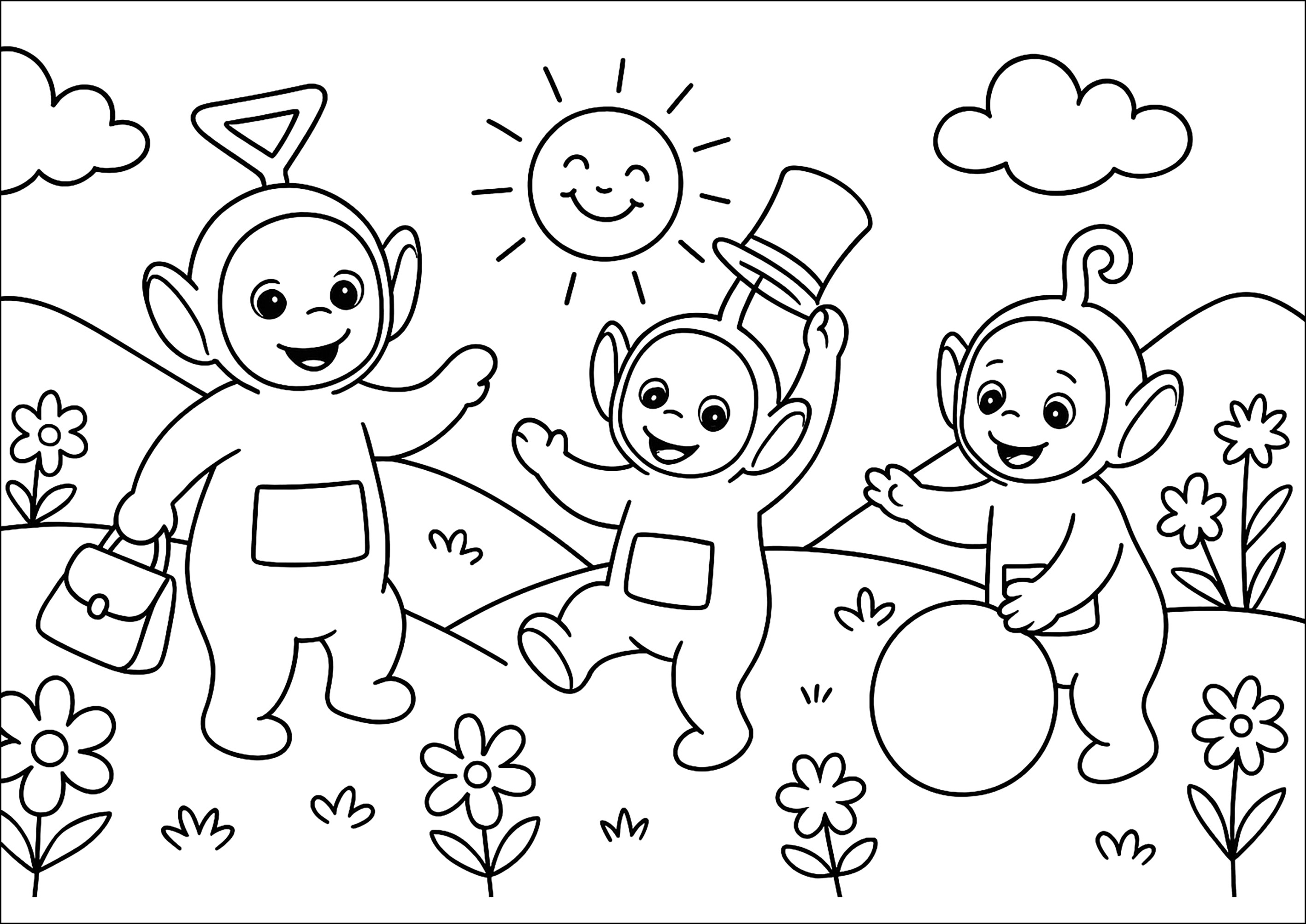 Tre amici che giocano (Pagina Teletubbies da Colorare per bambini)