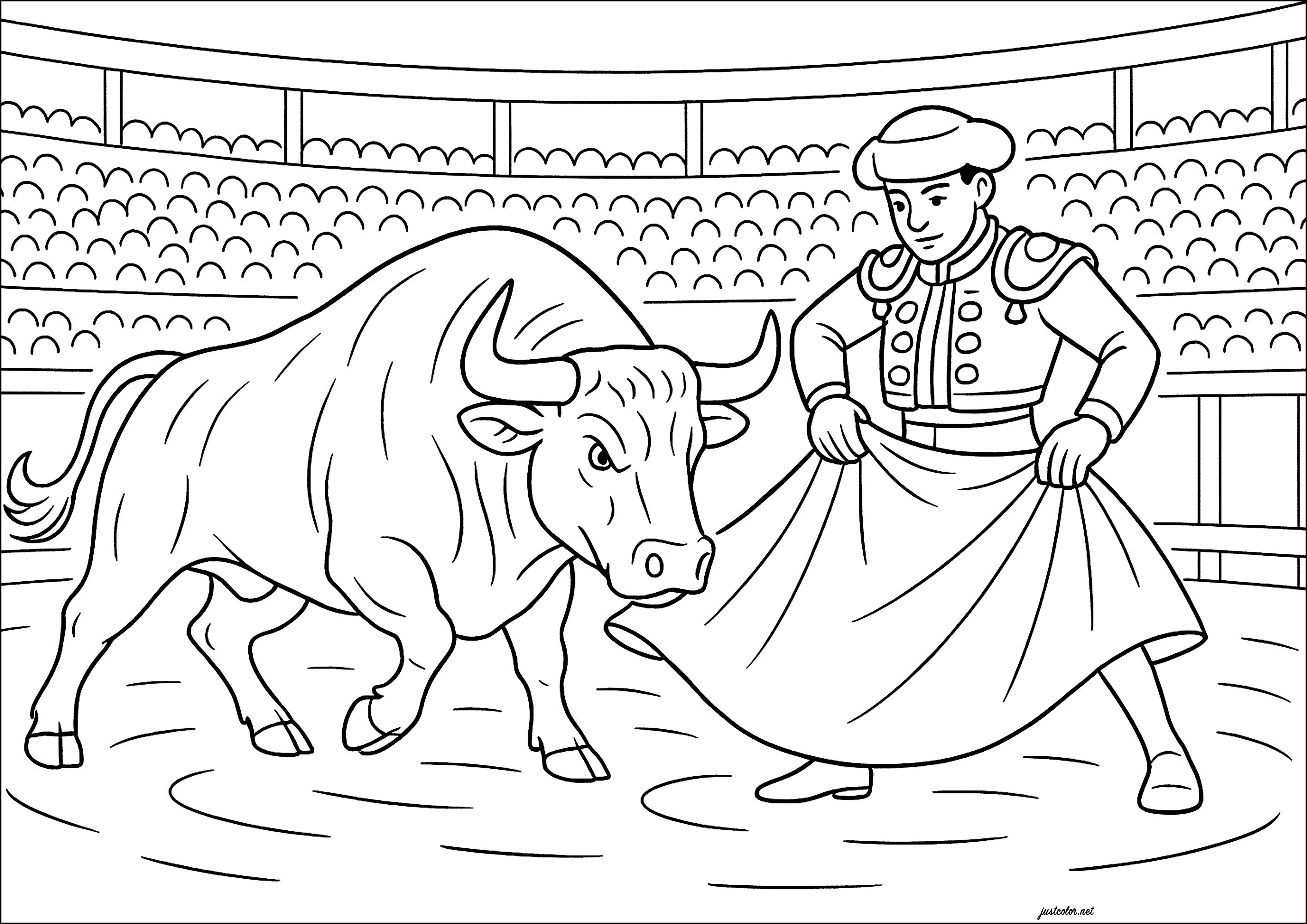 Torero che affronta un toro (Pagina da Colorare per bambini)