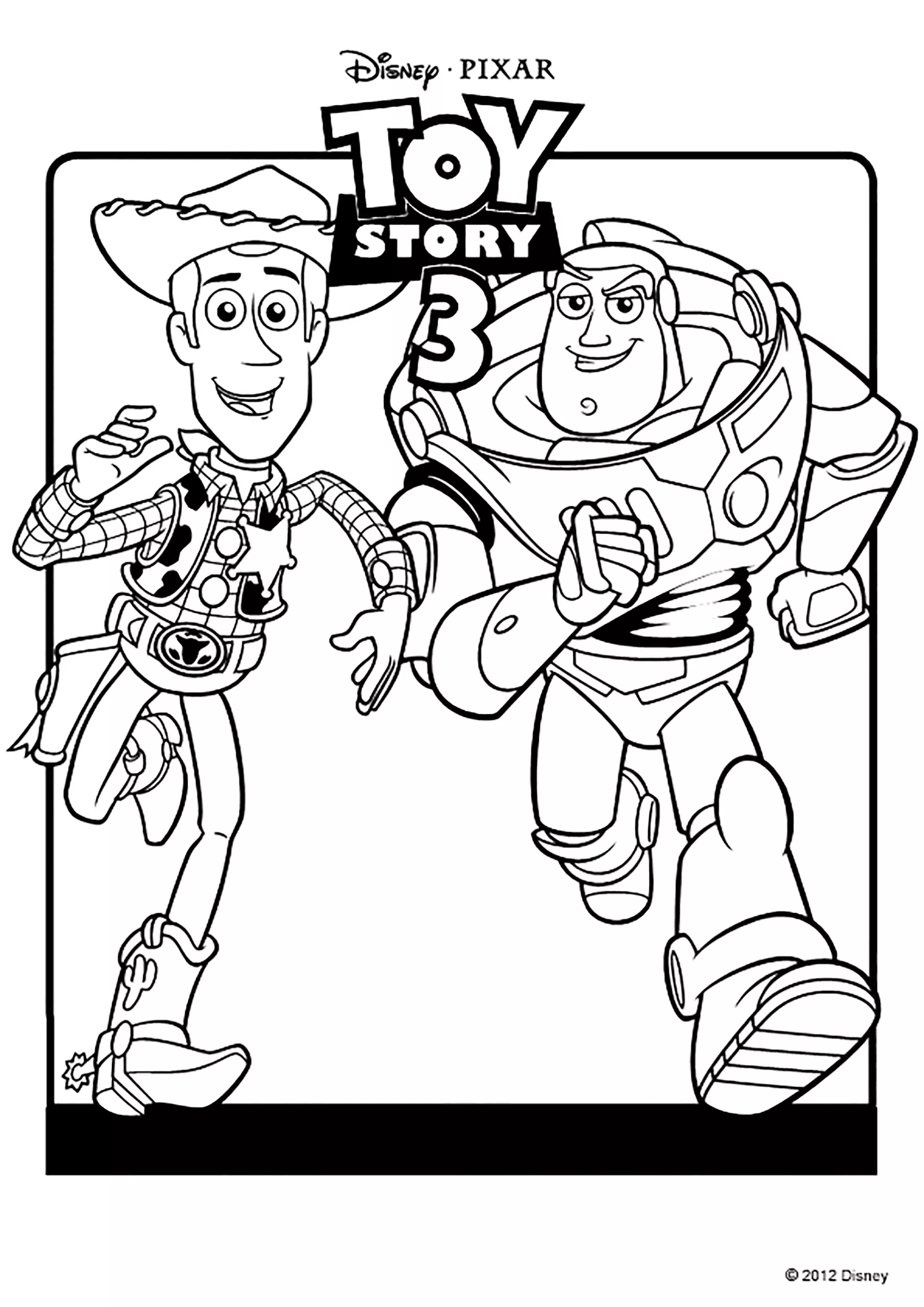 Buzz e Woody con un sorriso (Pagina Toy Story 3 da Colorare per bambini)