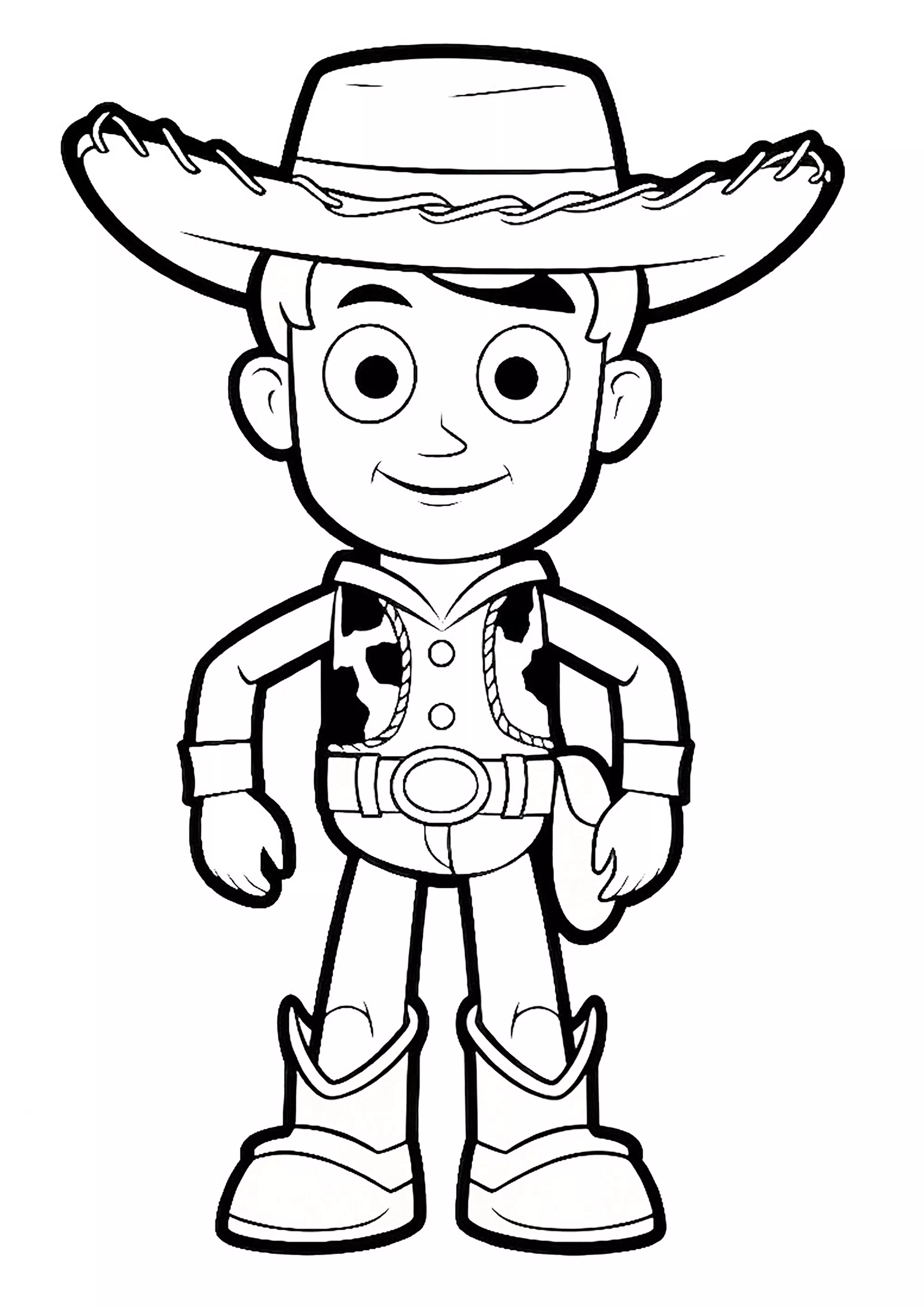 Woody è disegnato con uno stile molto infantile. (Pagina Toy Story da Colorare per bambini)