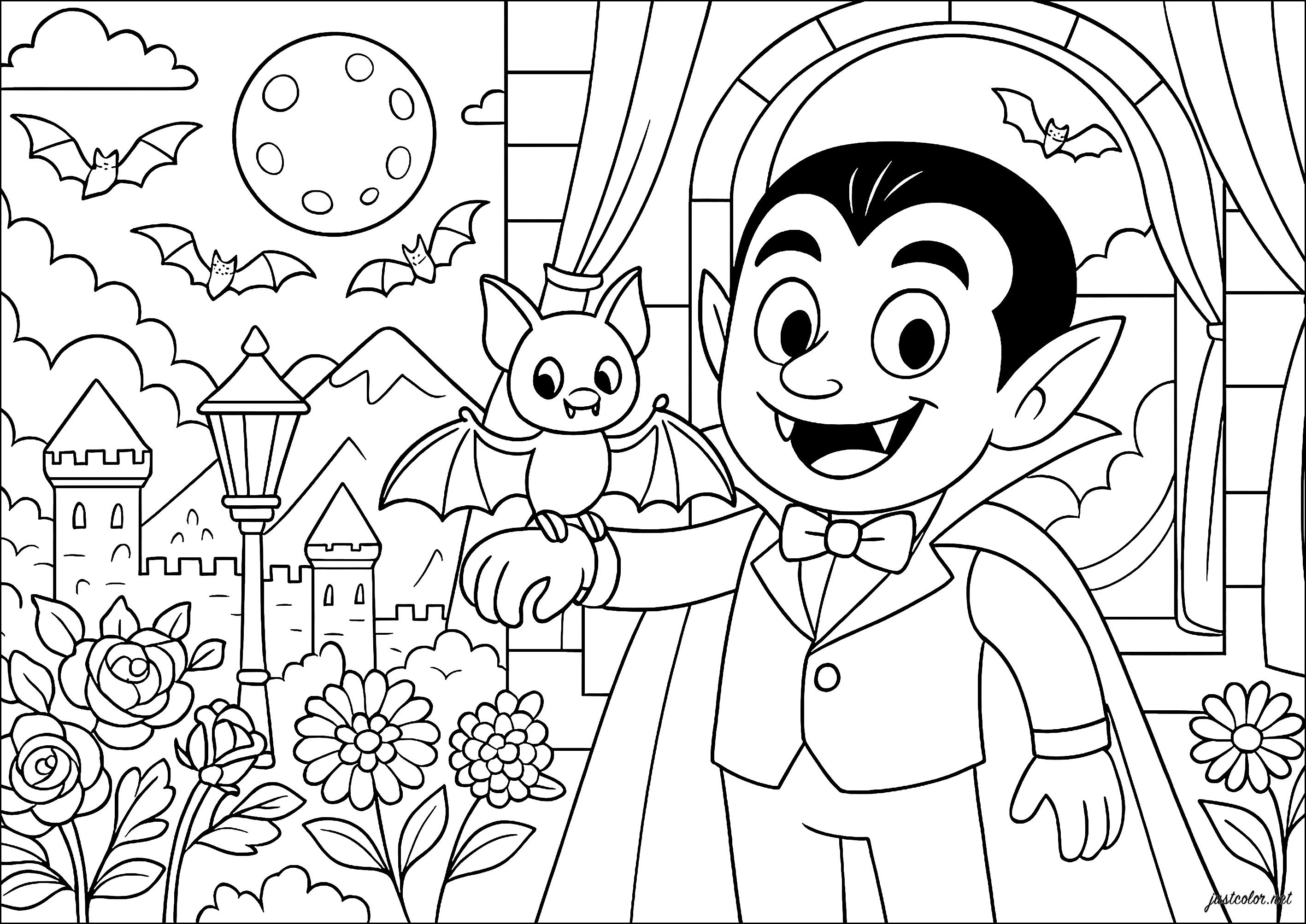 Un giovane vampiro e il suo fedele pipistrello (Pagina Vampiri da Colorare per bambini)