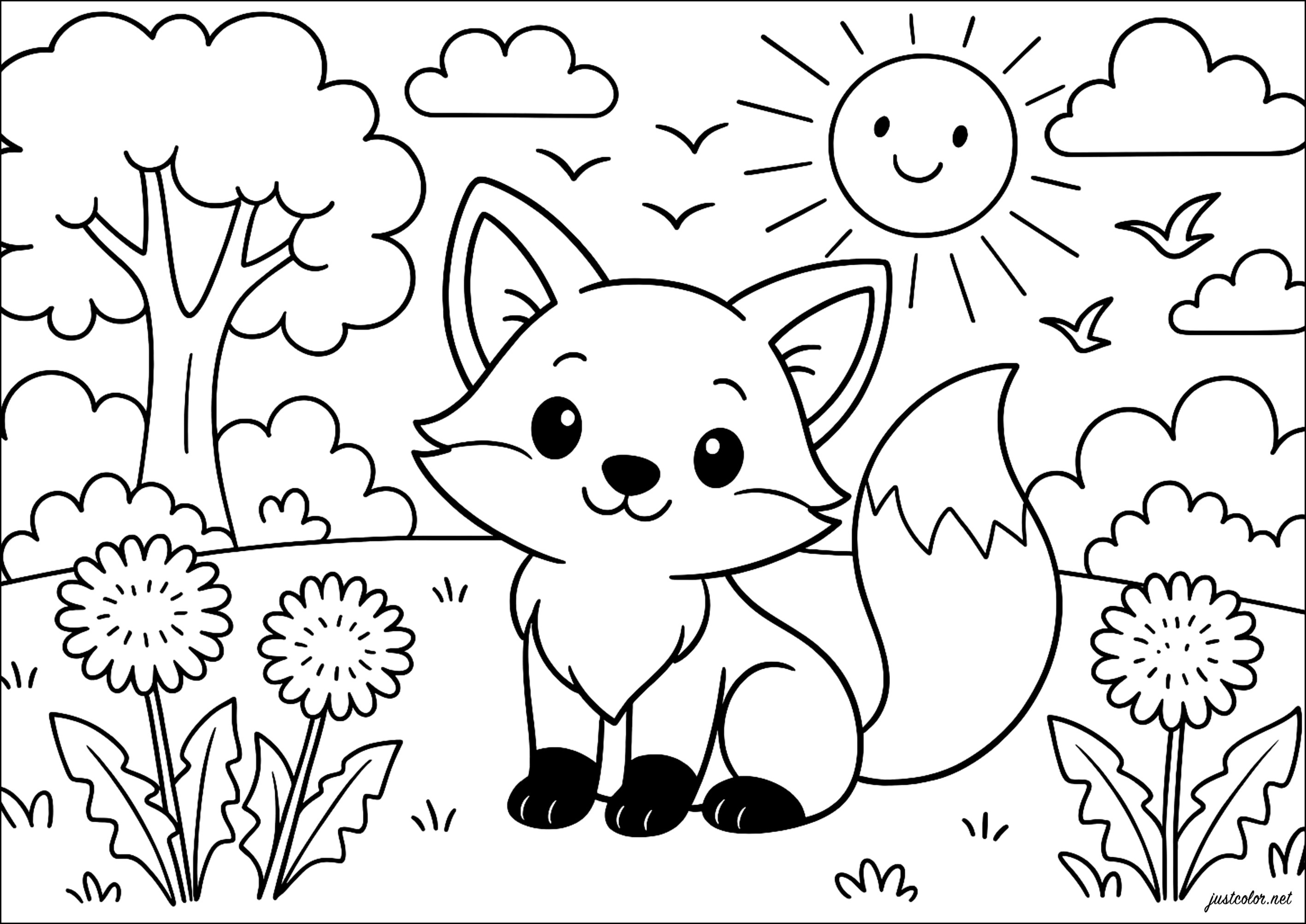 Piccola Volpe in una radura (Pagina da Colorare per bambini)