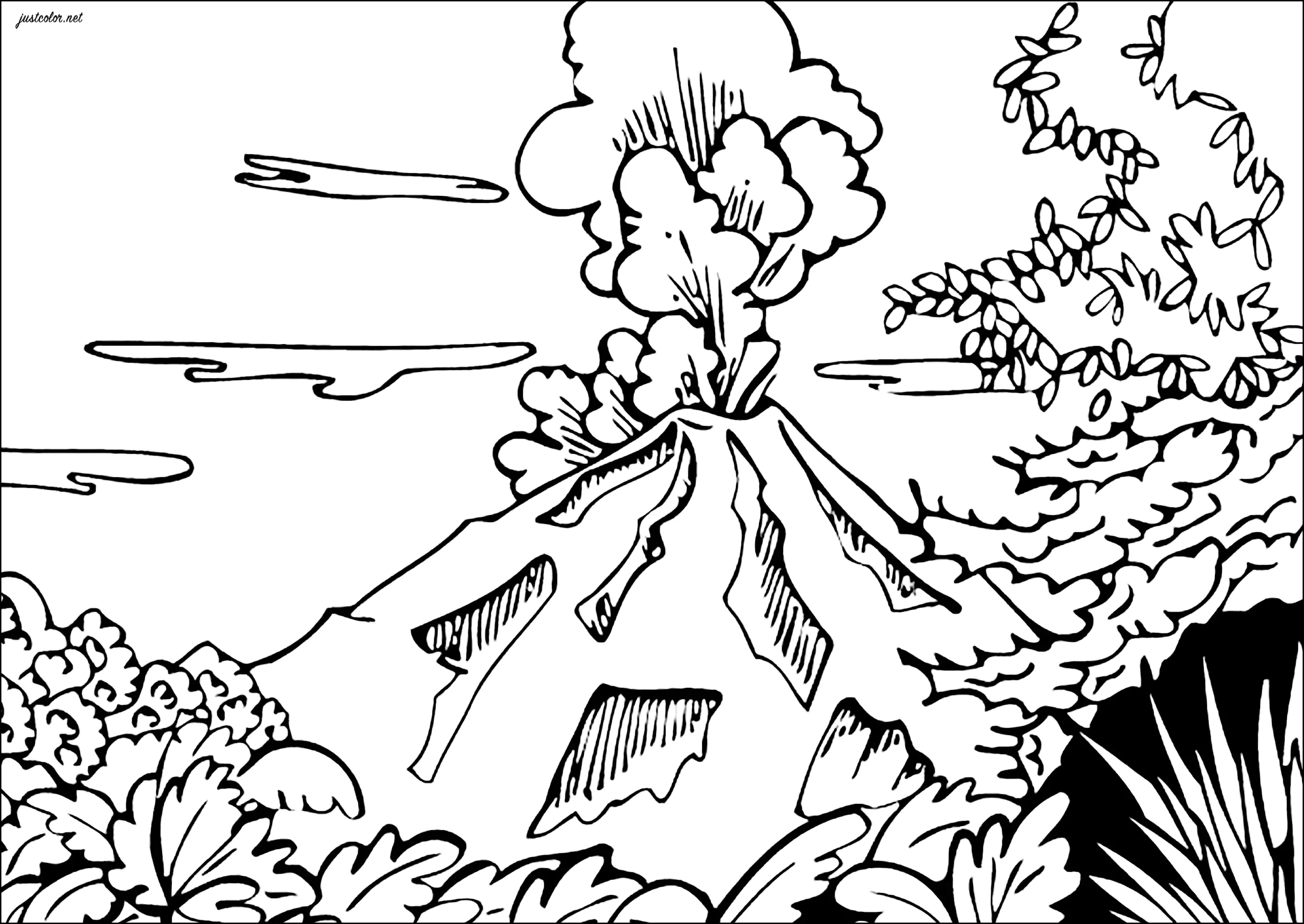 Semplice colorazione di un vulcano (Pagina da Colorare per bambini)