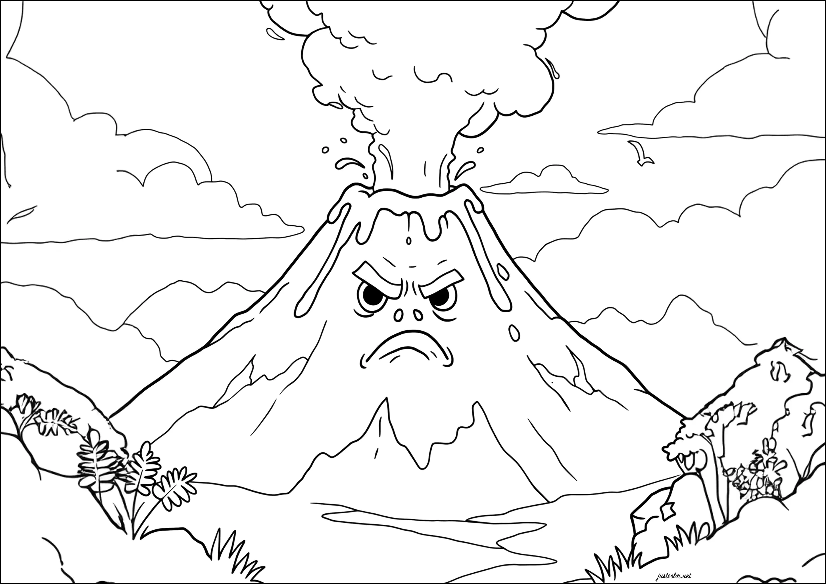 Vulcano arrabbiato, vomita lava (Pagina da Colorare per bambini)