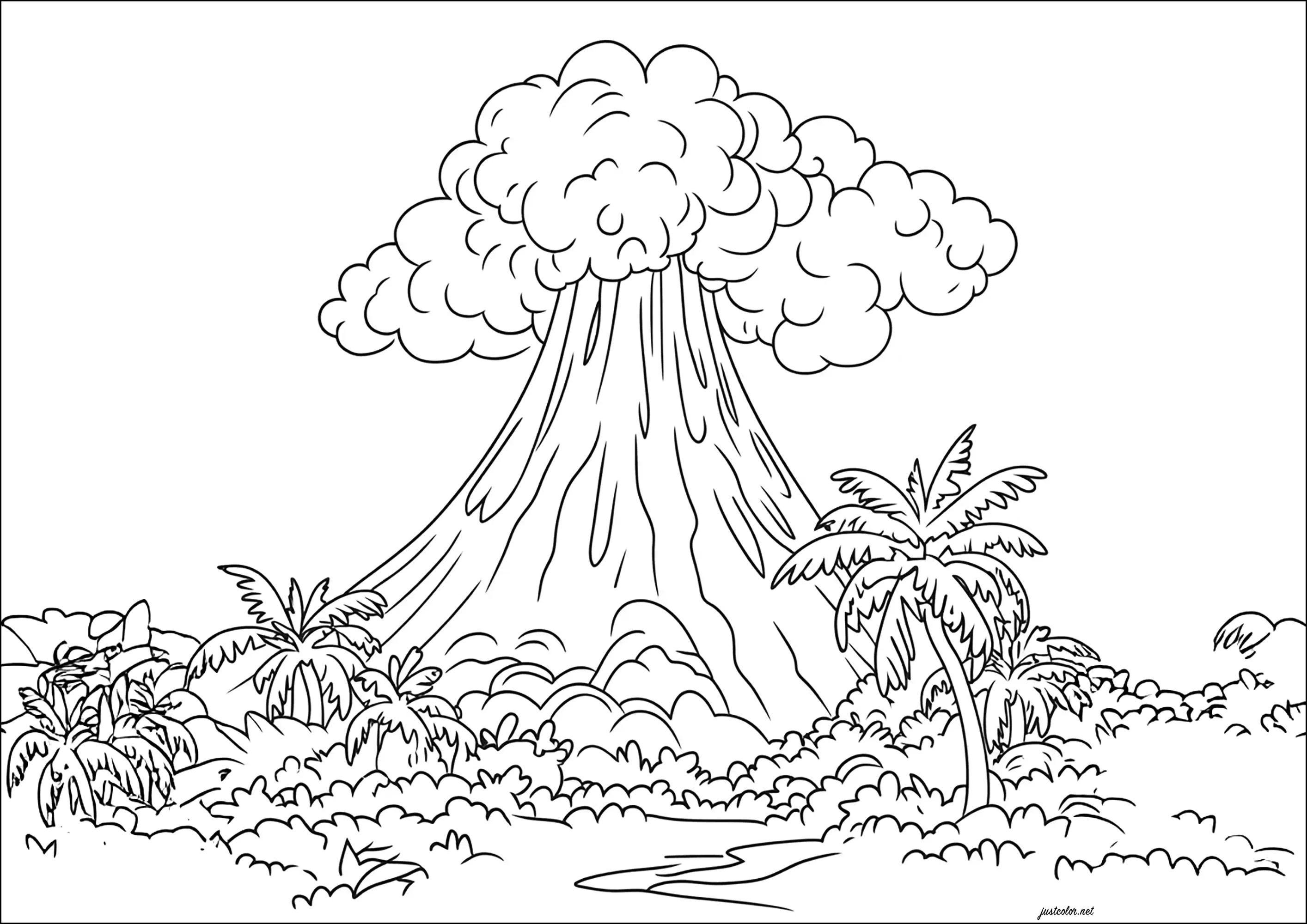 Vulcano che sputa una montagna di fumo (Pagina da Colorare per bambini)