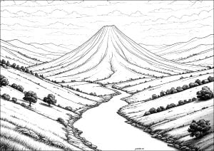Vulcano spento, in un paesaggio tranquillo (Pagina da Colorare)
