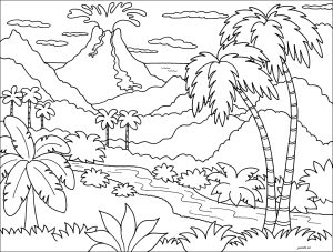 Paesaggio con palme e Vulcano in eruzione (Pagina da Colorare)