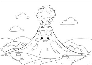 Vulcano in piena eruzione, ma sorridente (Pagina da Colorare)