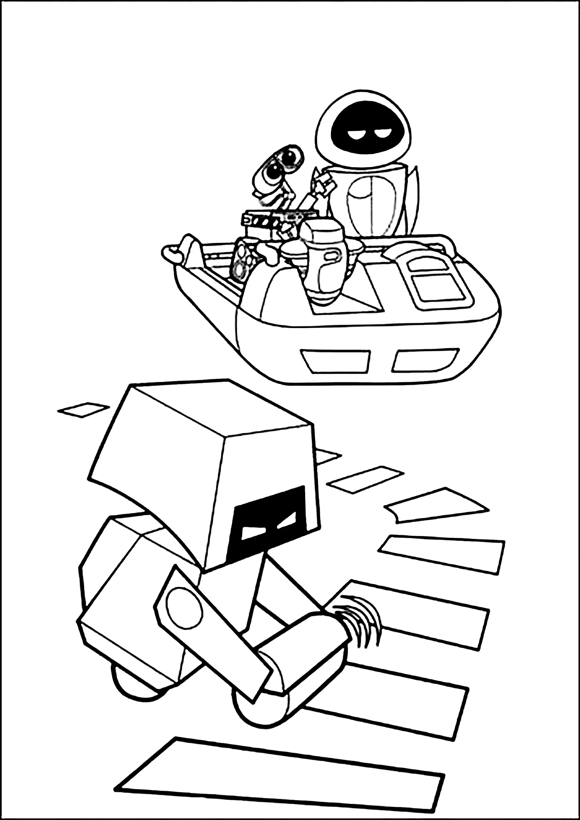 Wall-E ed Eve osservano un robot. (Pagina da Colorare per bambini)