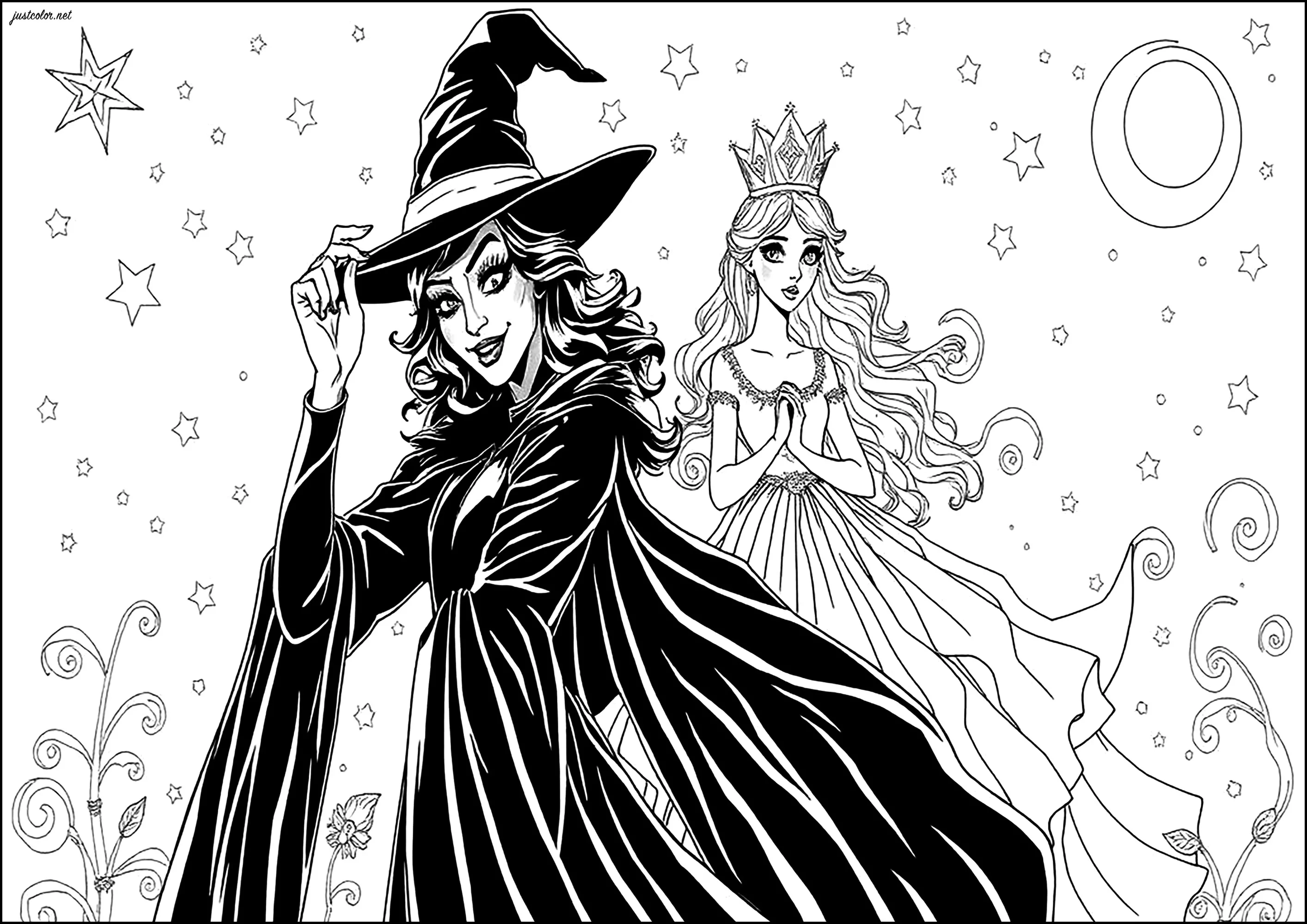 Elphaba (la Strega dell'Ovest), con Glinda sullo sfondo (Pagina Wicked da Colorare per bambini)
