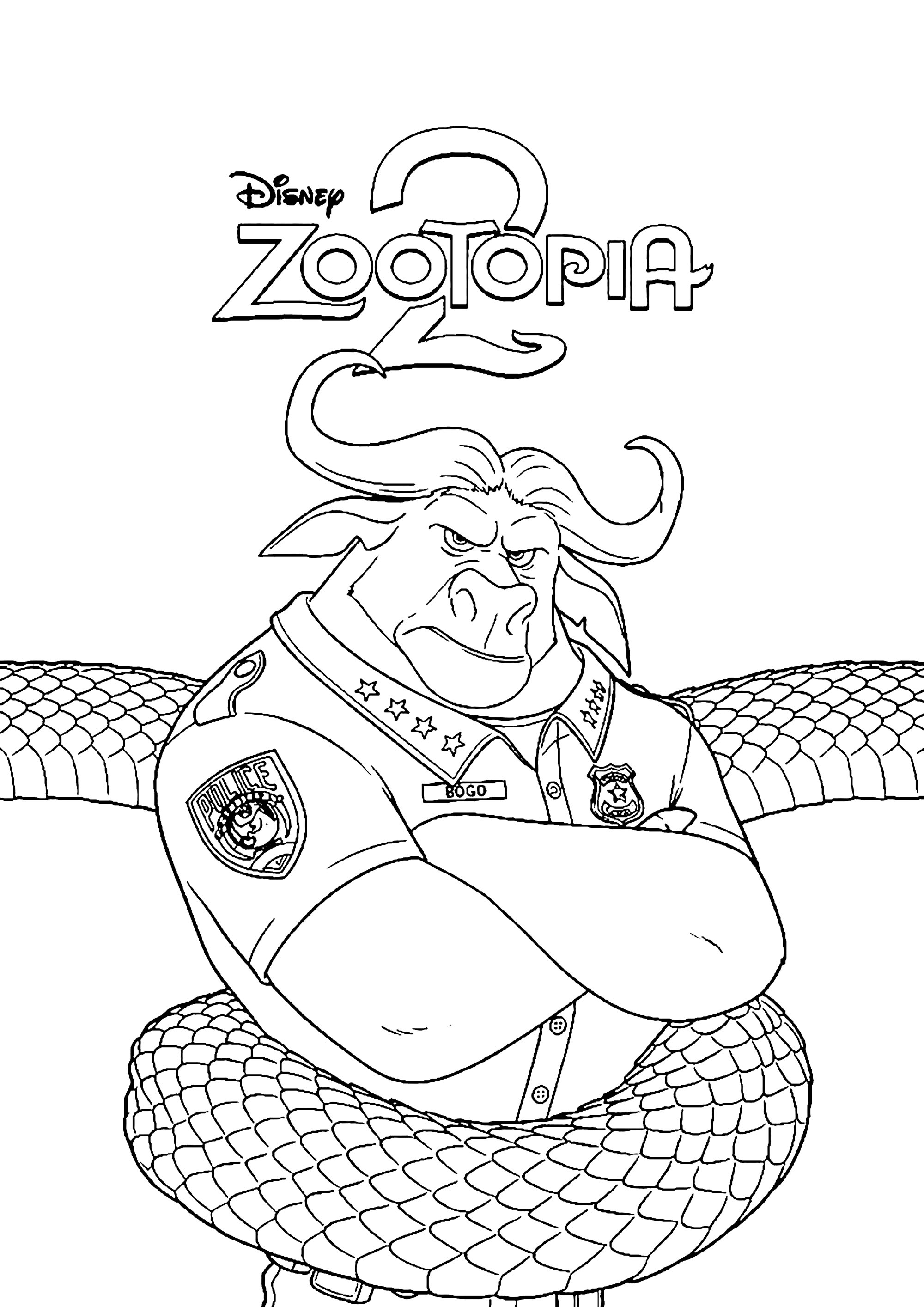 Il capo Bogo di fronte al nuovo pericolo (Pagina Zootopia 2 da Colorare per bambini)