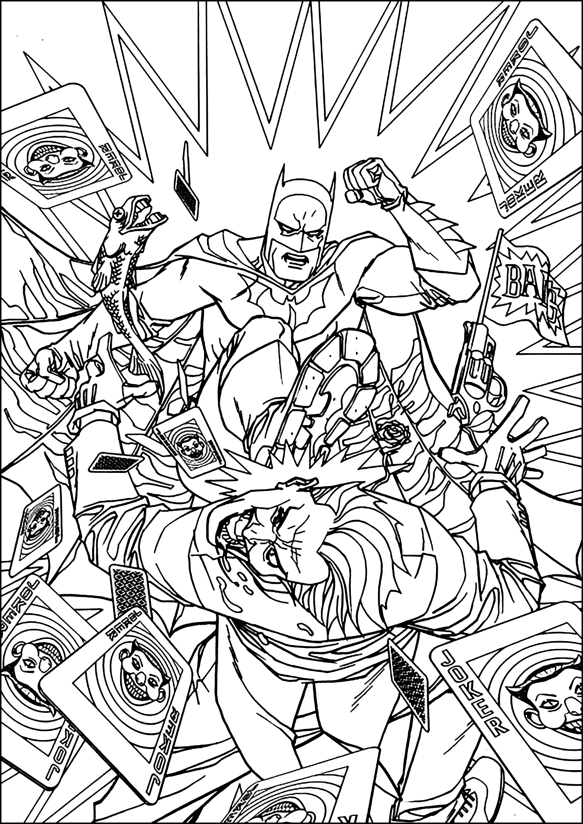 蝙蝠侠大战小丑- 成人复杂着色页: 书籍和漫画, image size:2000x2828