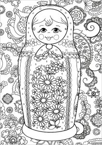 俄罗斯娃娃和背景中的花朵 (成人着色 : 俄罗斯娃娃)