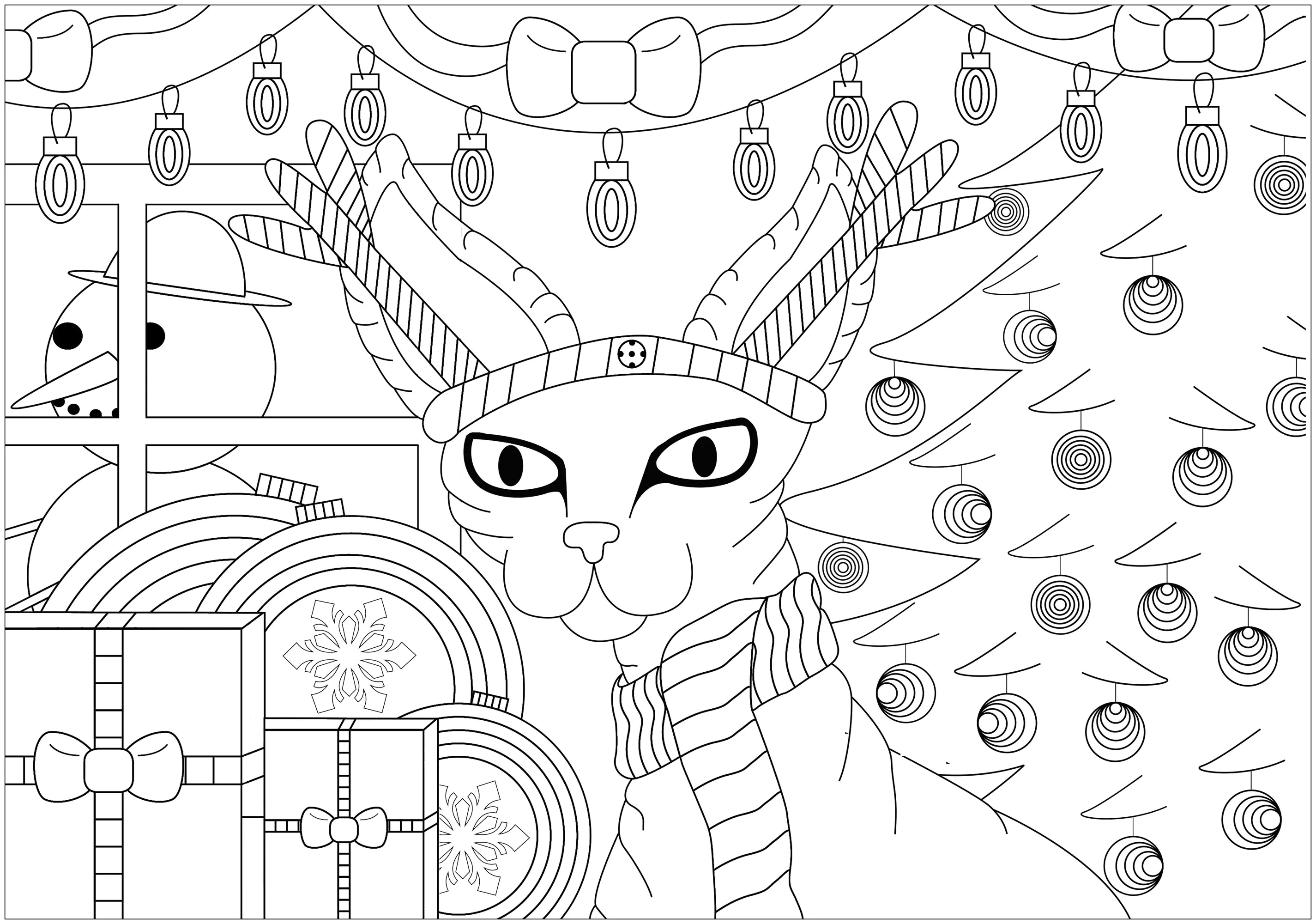 圣诞猫- 成人复杂着色页: 圣诞节, image size:2850x2000