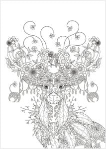 鹿与花朵图案 (成人着色 : 圣诞节)
