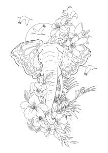大象和花朵 (成人着色 : 大象)