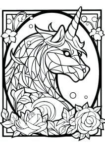绘有独角兽侧面和漂亮花朵的彩色玻璃想象窗 (成人着色 : Stained Glass)