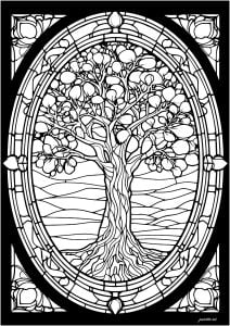 彩色玻璃窗中的漂亮树木 (成人着色 : Stained Glass)