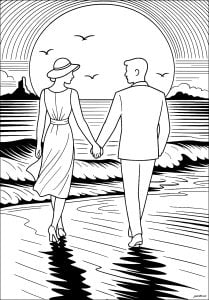 日落时分，海滩上的一对情侣 (成人着色 : 情人节)