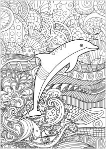 迷幻背景下的海豚 (成人着色 : 海豚)