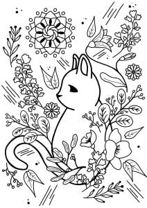 被抽象植物图案环绕的小猫 (成人着色 : 猫)