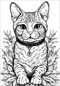 漂亮的猫和树叶 (成人着色 : 猫)