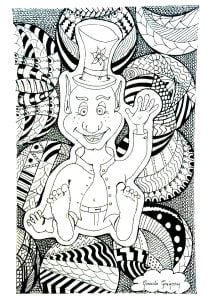 三角图案背景上的小恶魔 (成人着色 : 禅绕画)
