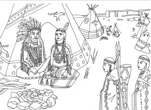 美国原住民（印第安人）坐在帐篷前 (成人着色 : 美洲原住民)