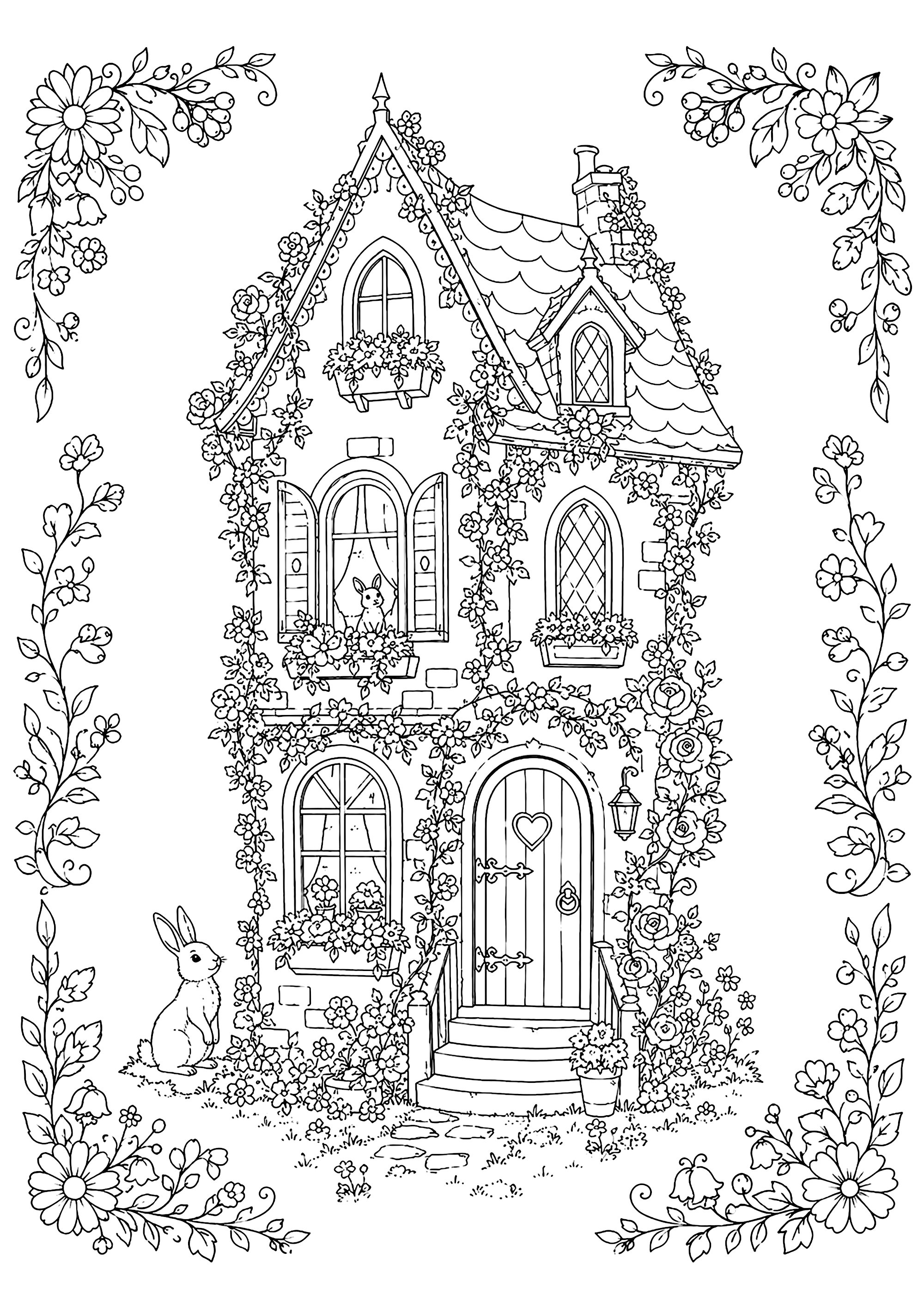 花园中心的花卉小屋 (适合成人打印的复杂着色 : 舒适与田园风)