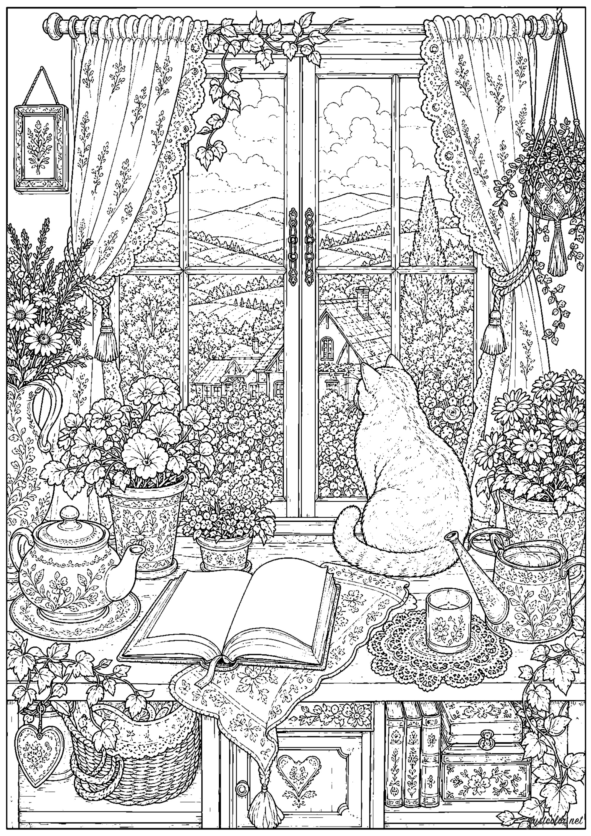 宁静：窗边的猫 (适合成人打印的复杂着色 : Cozy Cottagecore)