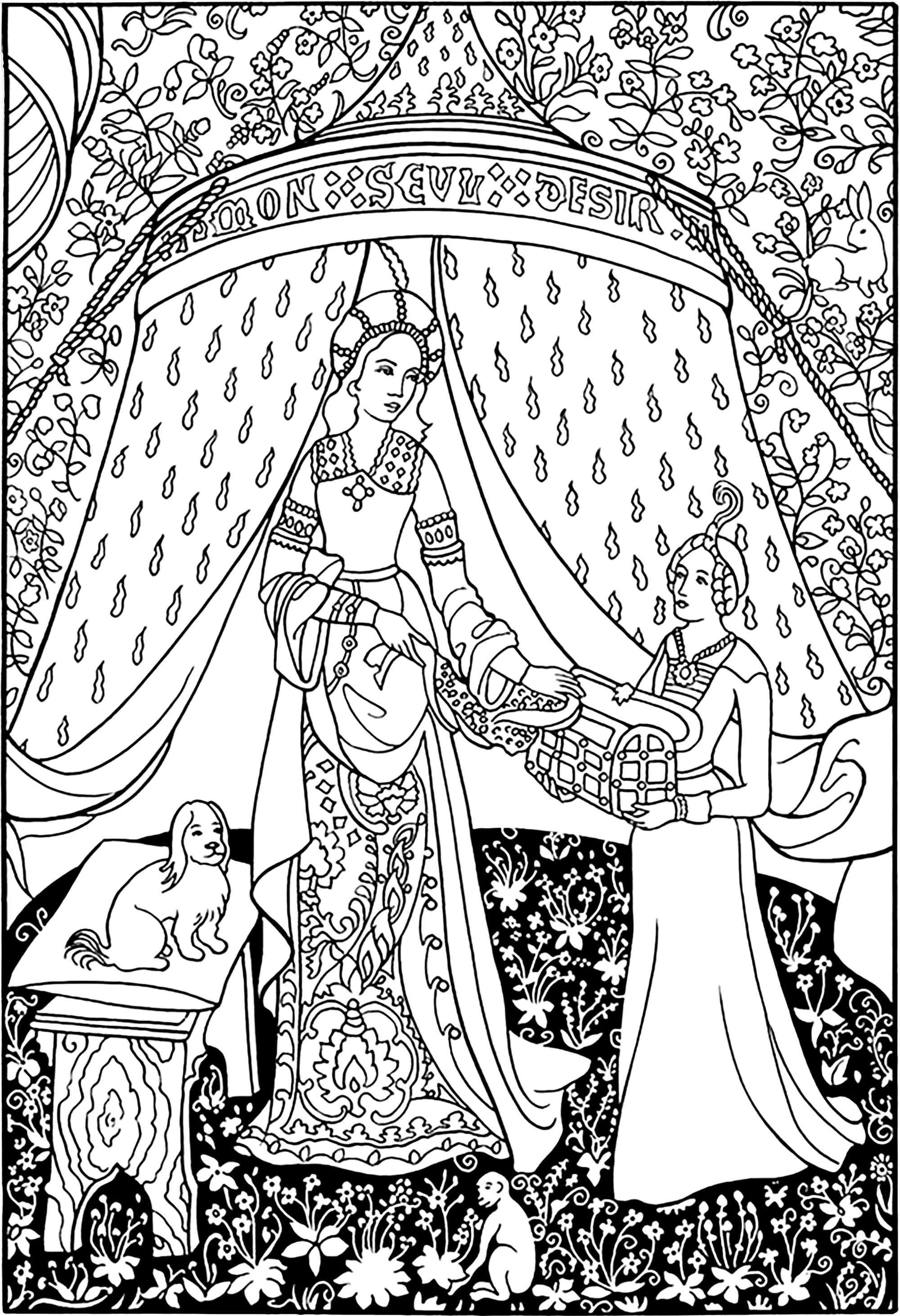 独角兽女士为了我唯一的愿望(挂毯,法国,约 1500 年) (适合成人打印的着色 : 中世纪)