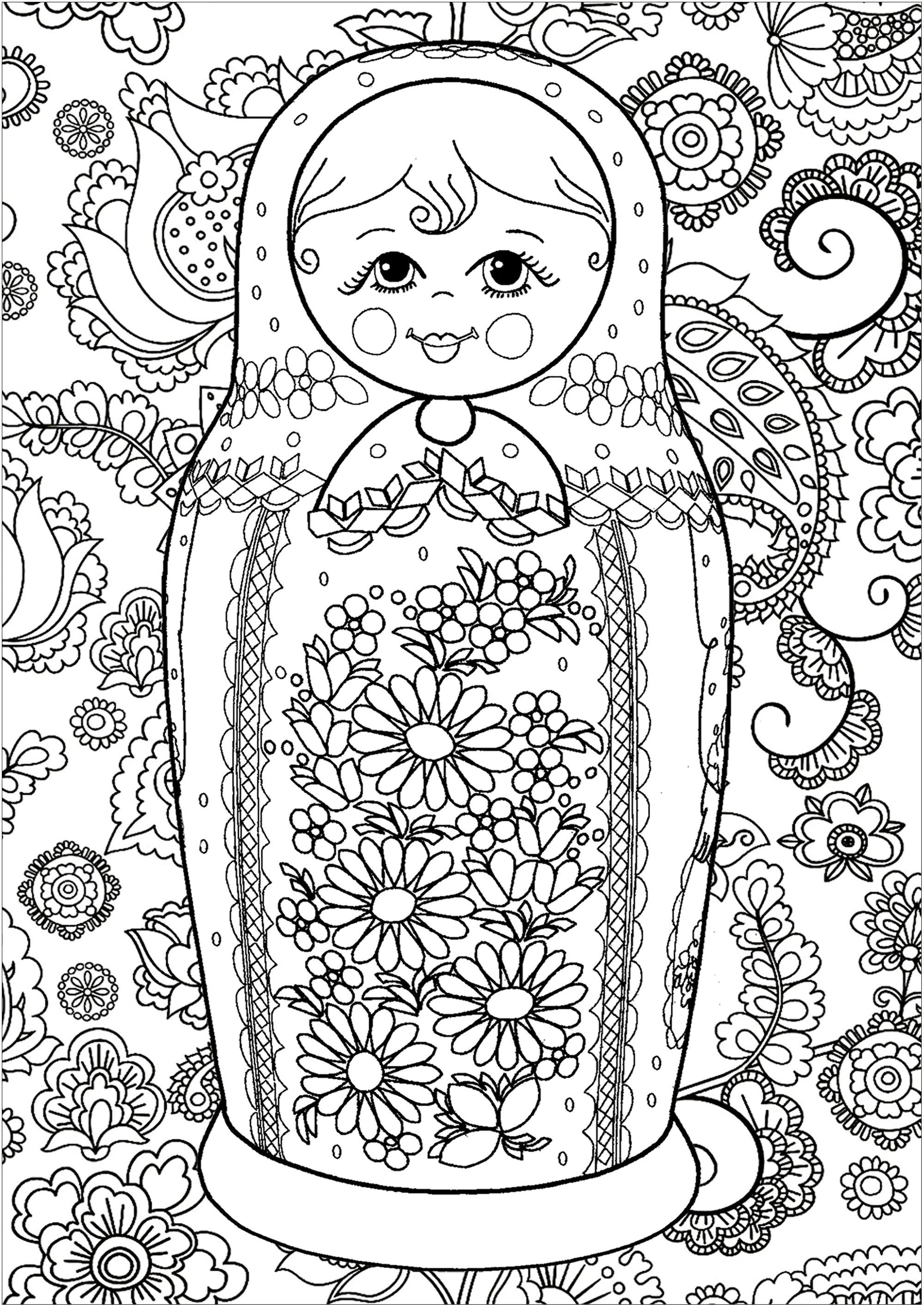 俄罗斯娃娃和背景中的花朵 (适合成人打印的着色 : 俄罗斯娃娃)
