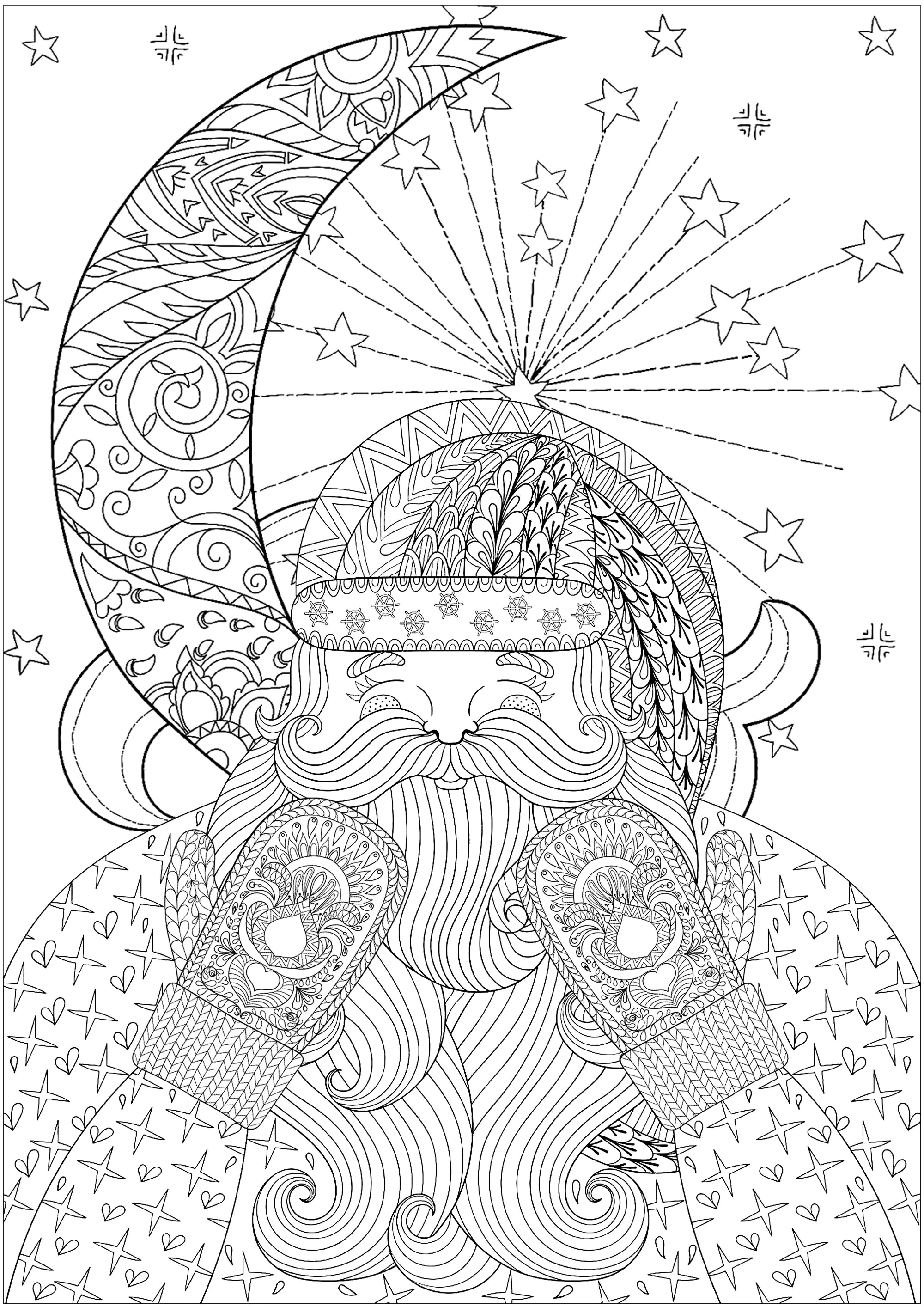 圣诞老人和他的手套与月亮 (适合成人打印的着色 : 圣诞节)