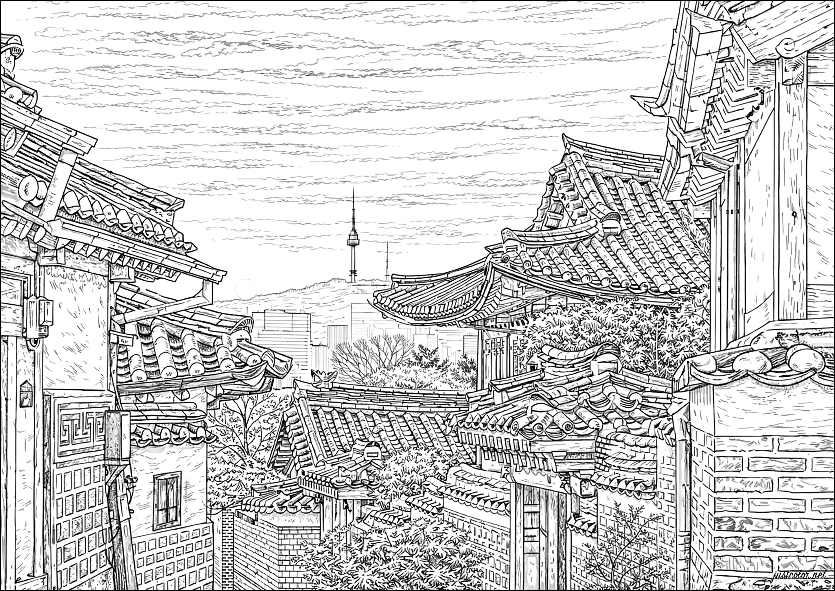 韩国首都一条街道的古韵 (适合成人打印的复杂着色 : 建筑、国家和城市)