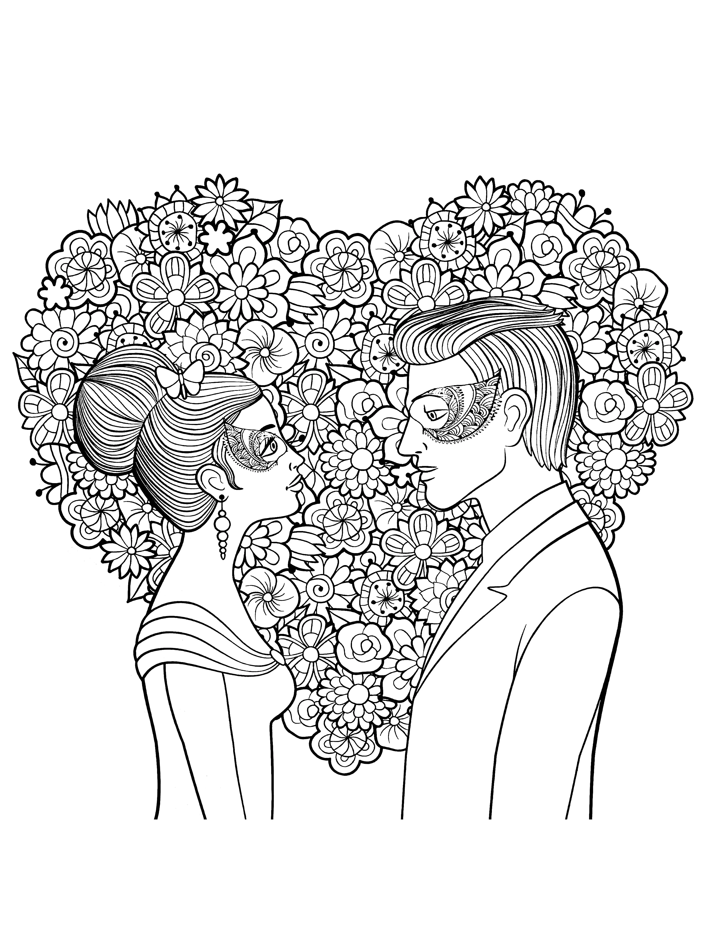 戴面具的男子和女子,背景是花心 (适合成人打印的着色 : 情人节)