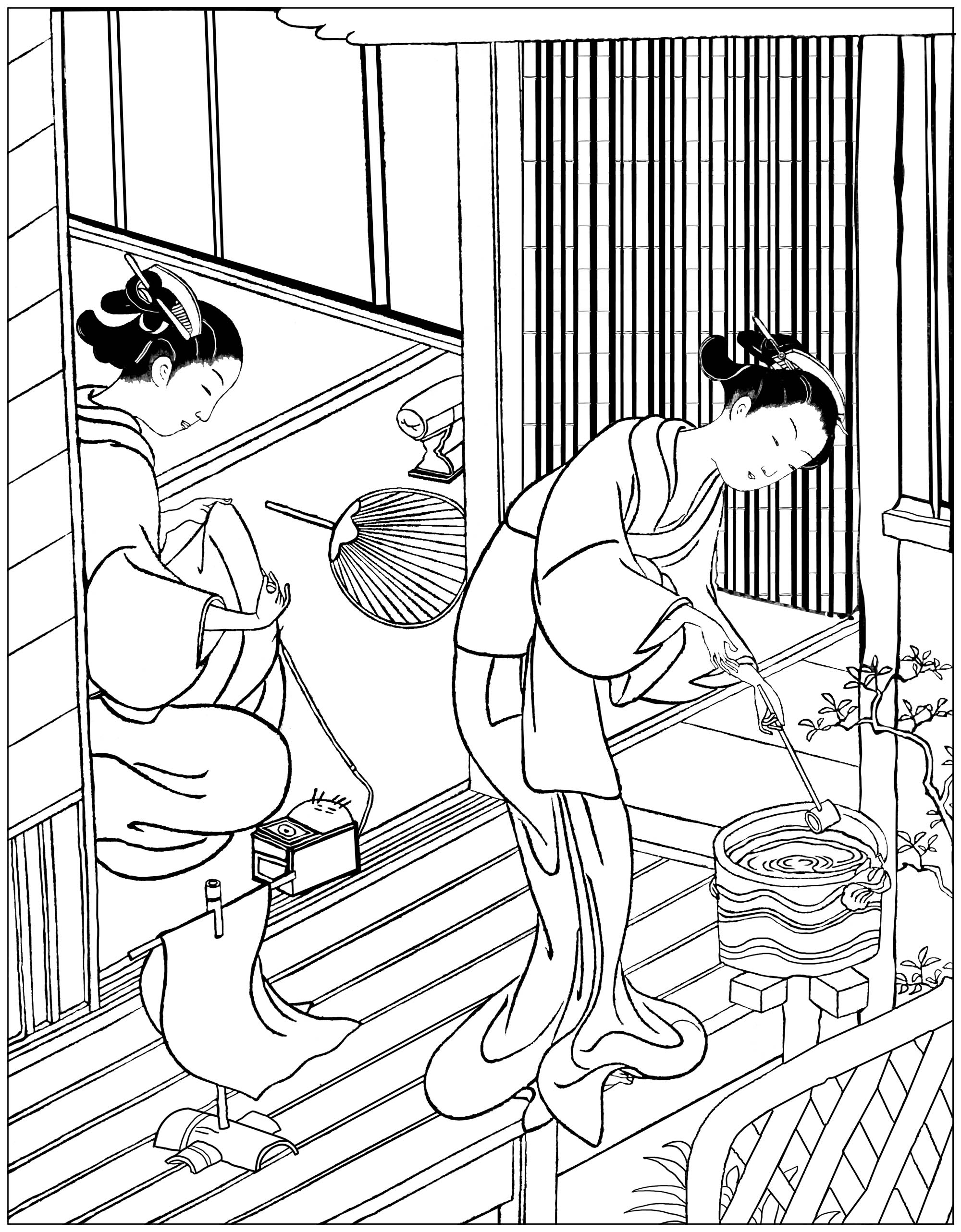两名穿着和服的女子在走廊上 (适合成人打印的复杂着色 : 日本)