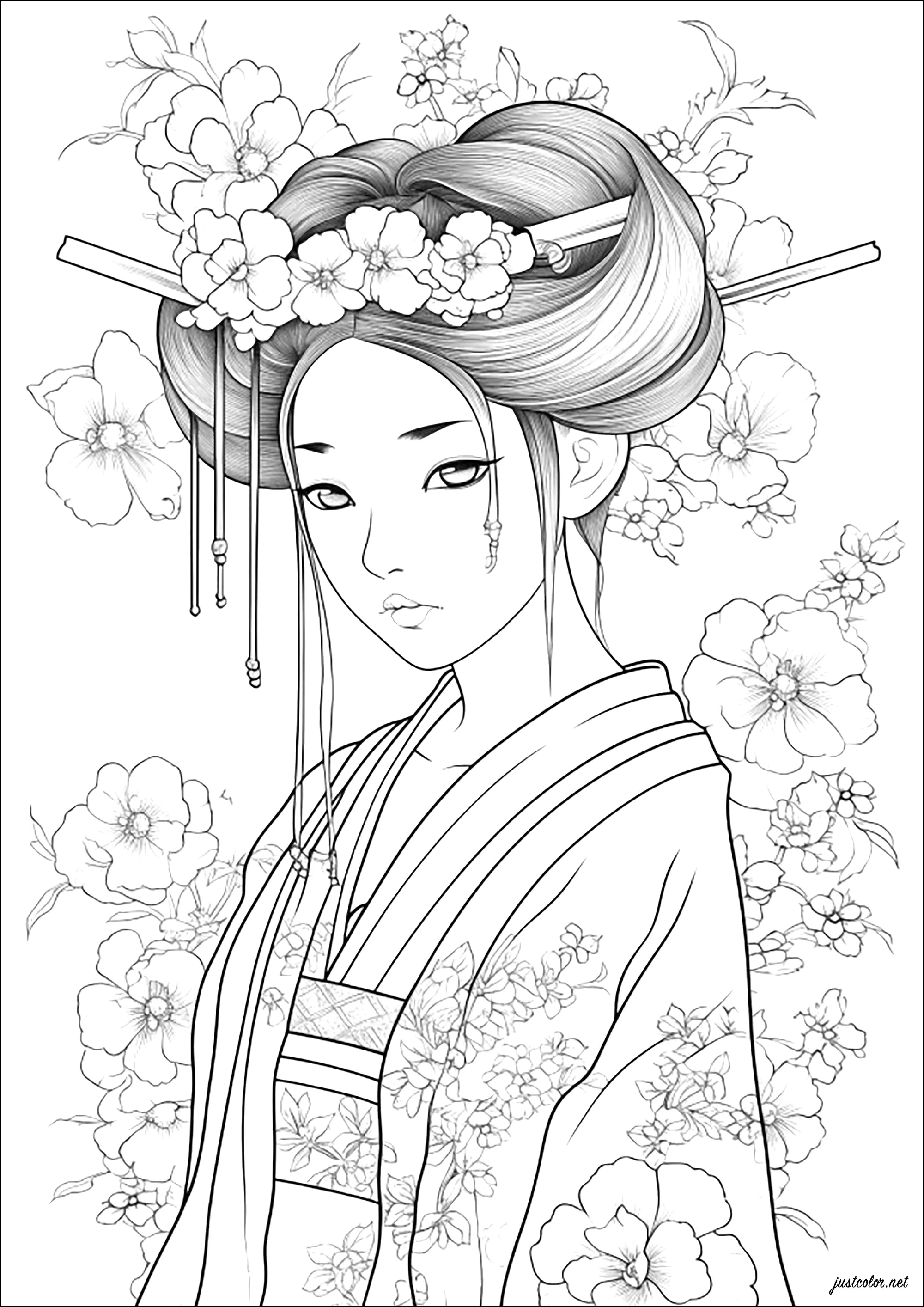头戴美丽花朵的艺伎 (适合成人打印的着色 : 日本)
