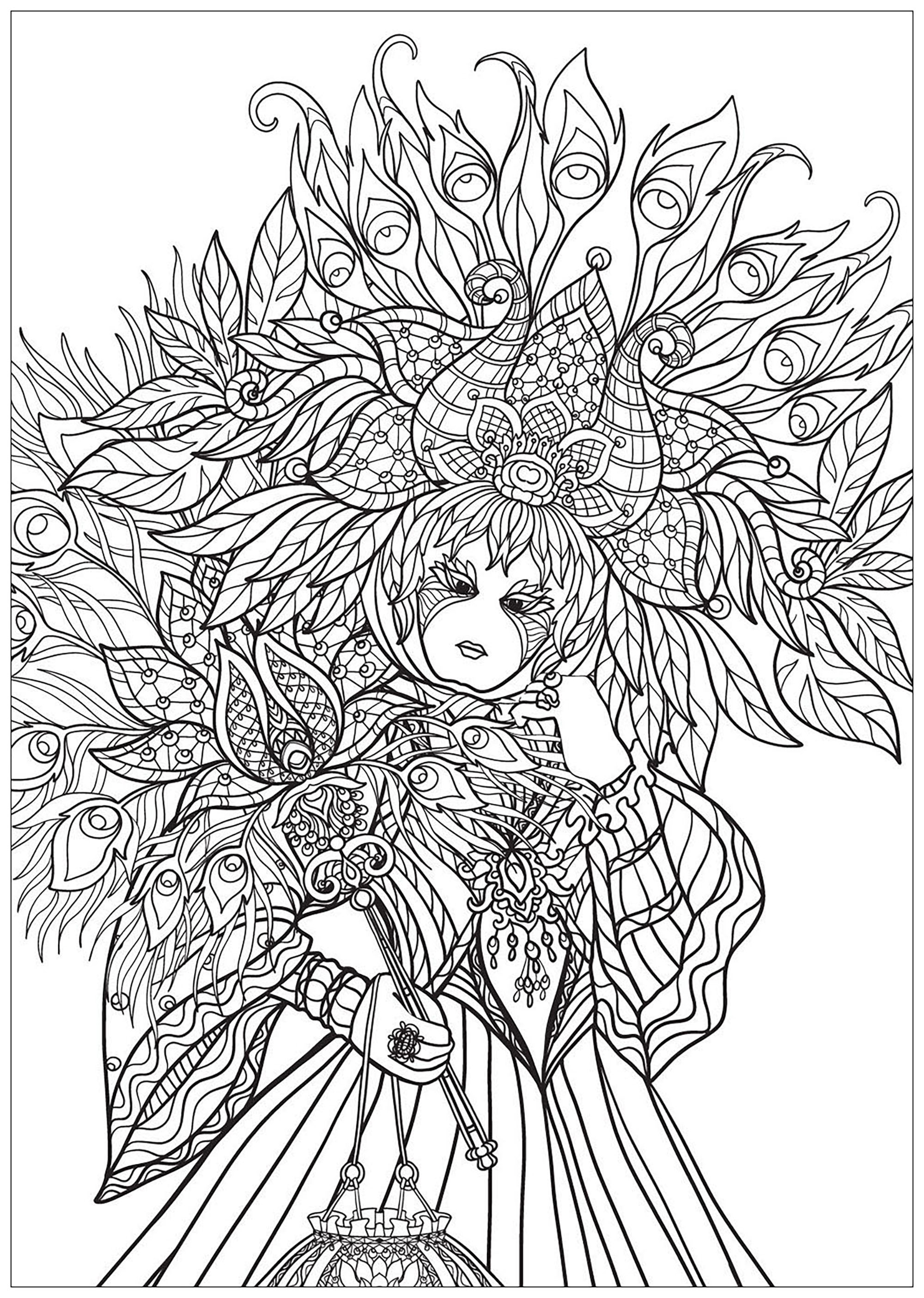 威尼斯狂欢节礼服（详细视图） (适合成人打印的复杂着色 : 狂欢)