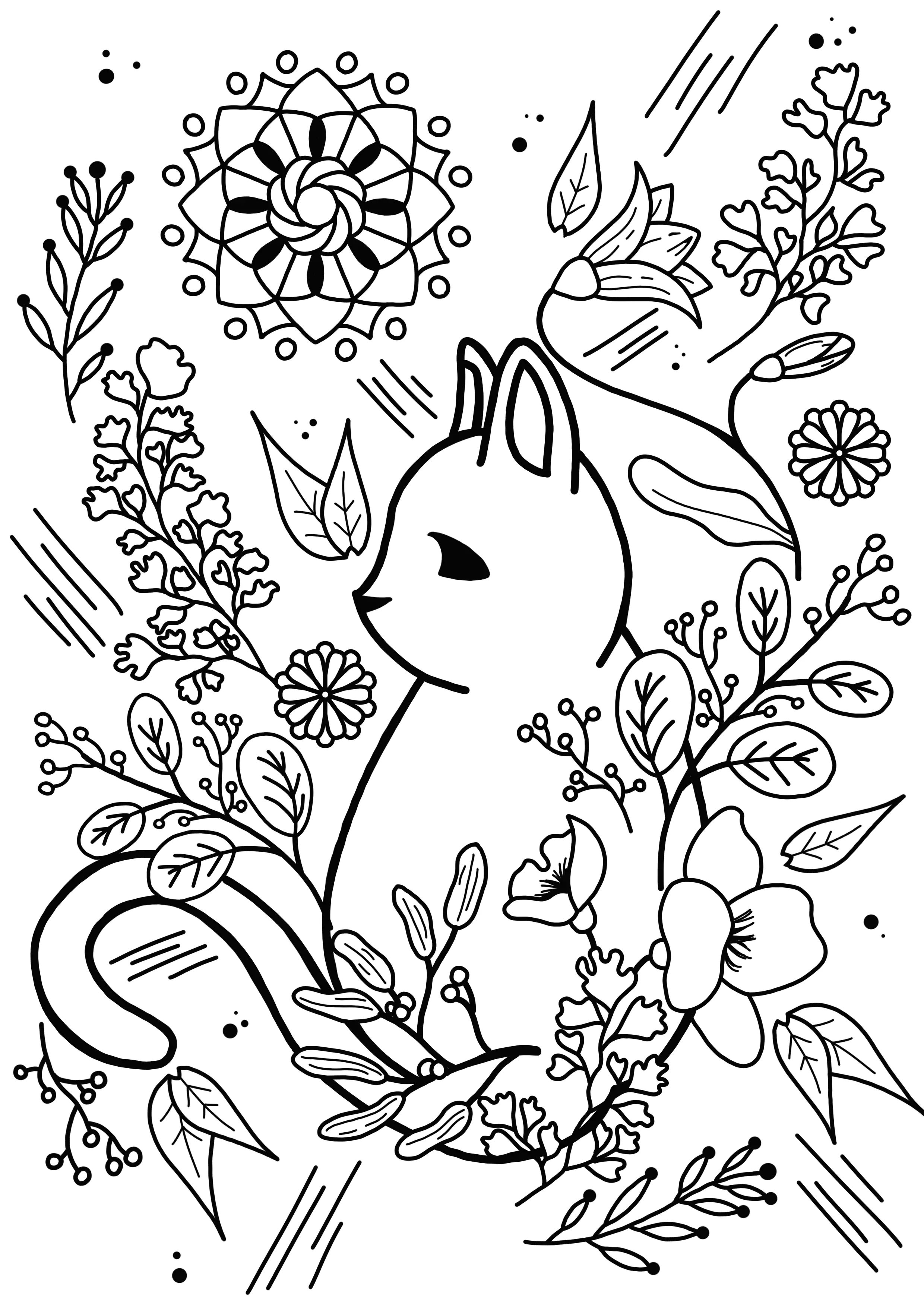 被抽象植物图案环绕的小猫 (适合成人打印的着色 : 猫)